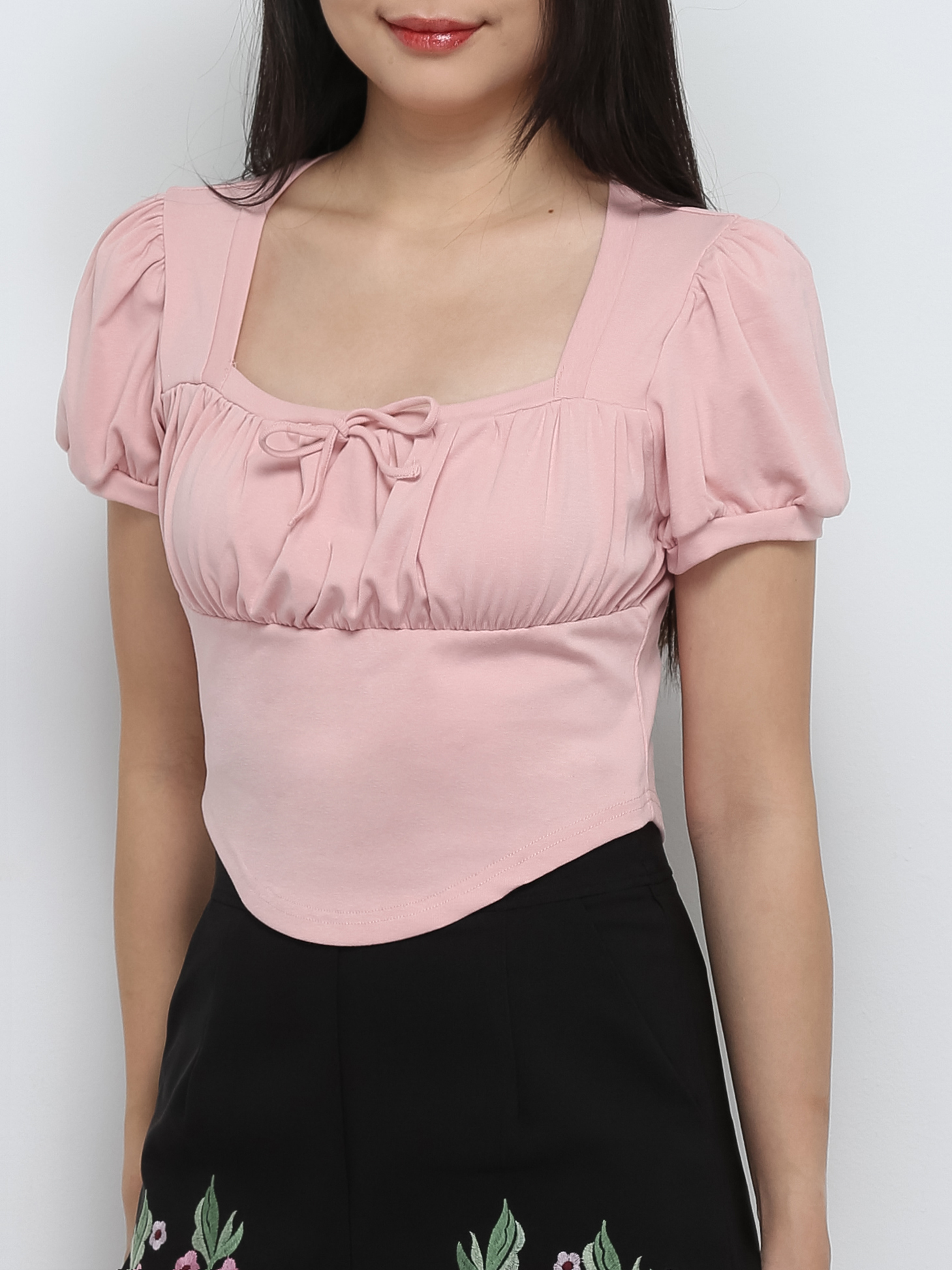 Puff Sleeve Pleated Front Tie Up Top 29006