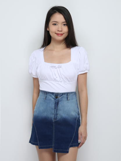 Puff Sleeve Pleated Front Tie Up Top 29006