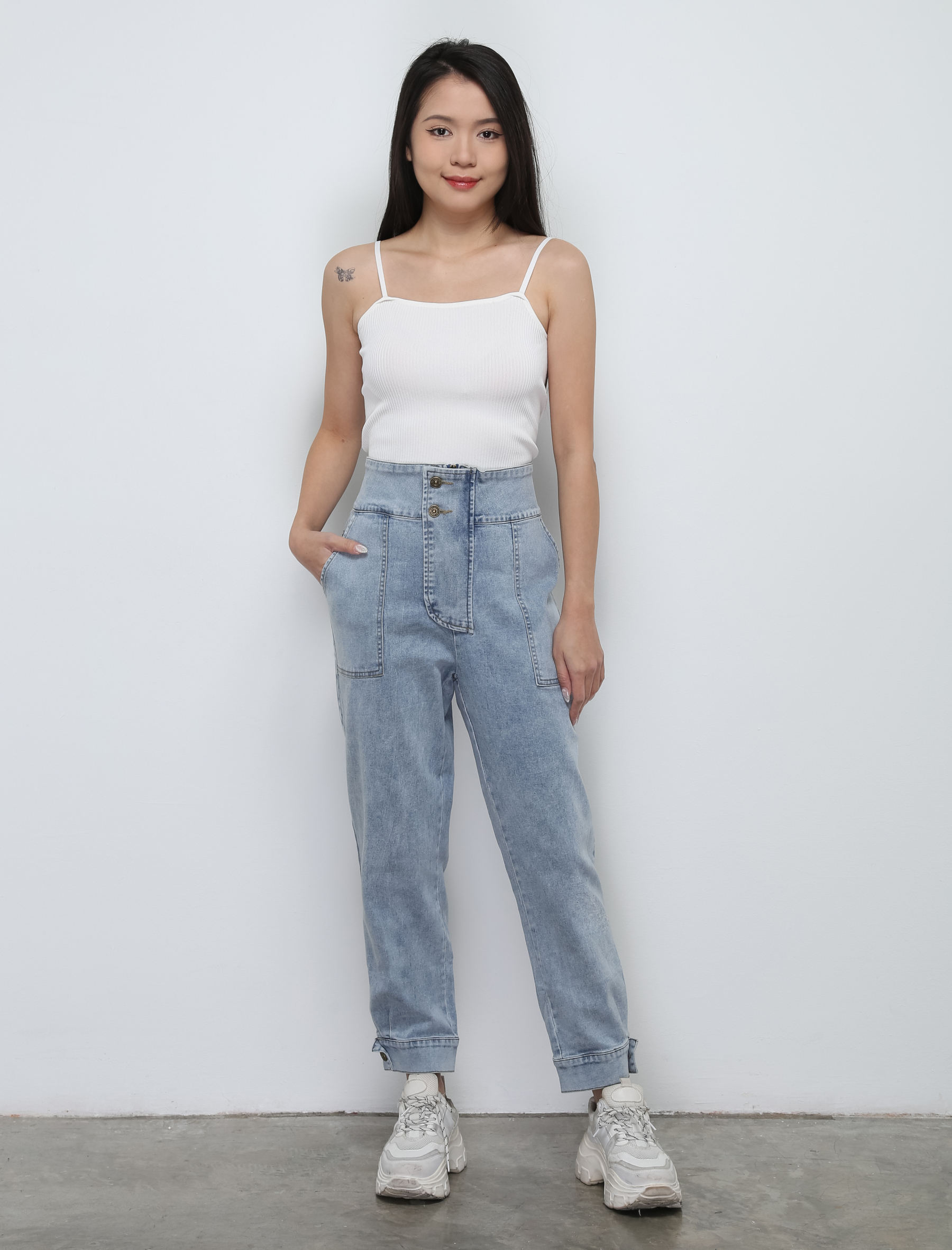 High Waist Denim Front Button With Zip Long Pants 29008