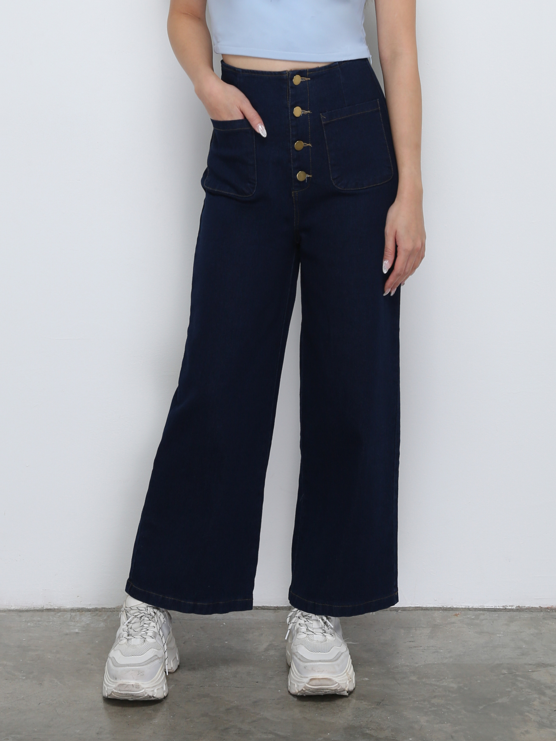 High Waist Front Breasted Button Denim Long Pants 29020