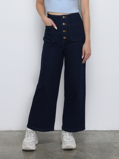 High Waist Front Breasted Button Denim Long Pants 29020