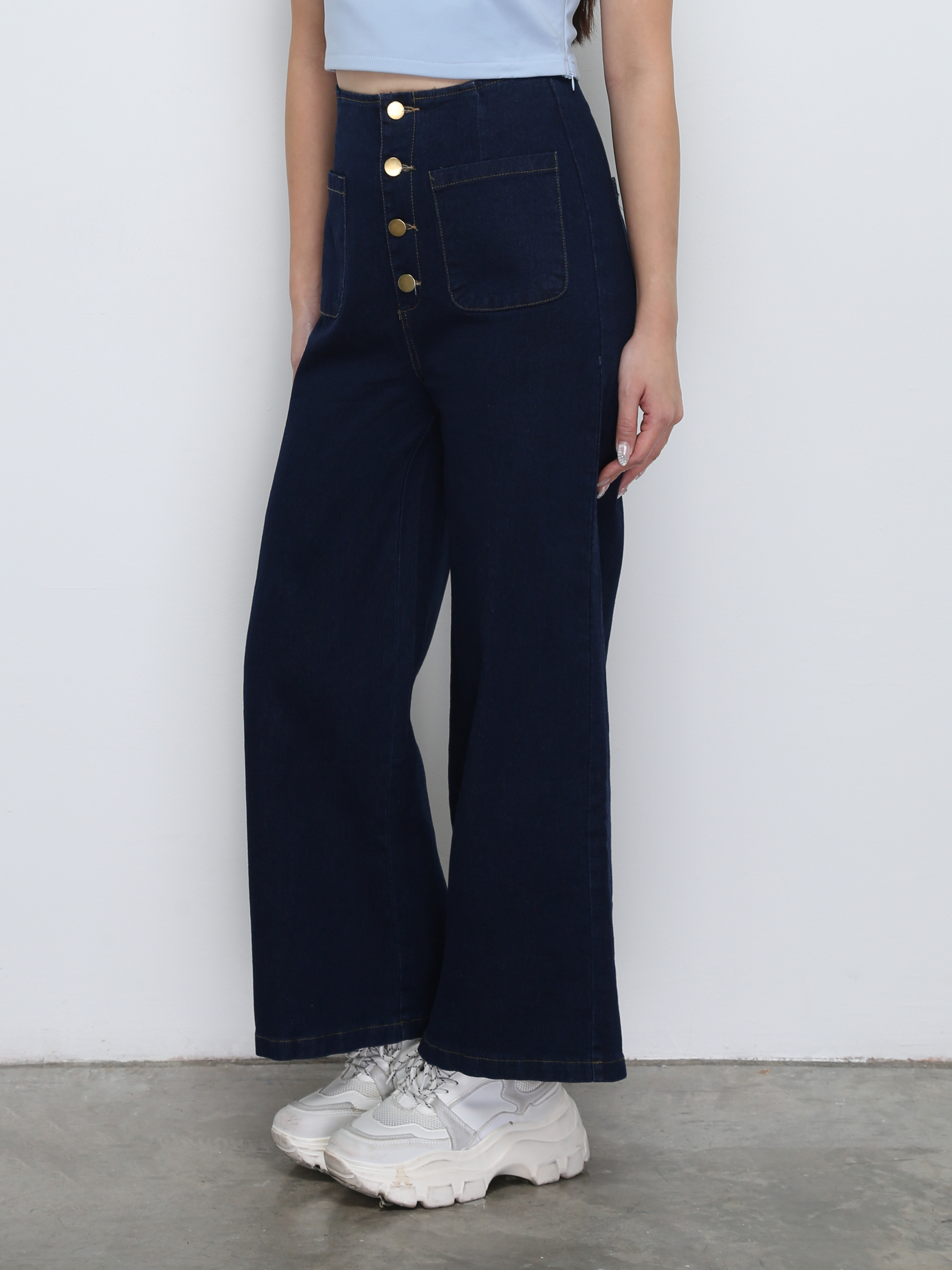 High Waist Front Breasted Button Denim Long Pants 29020