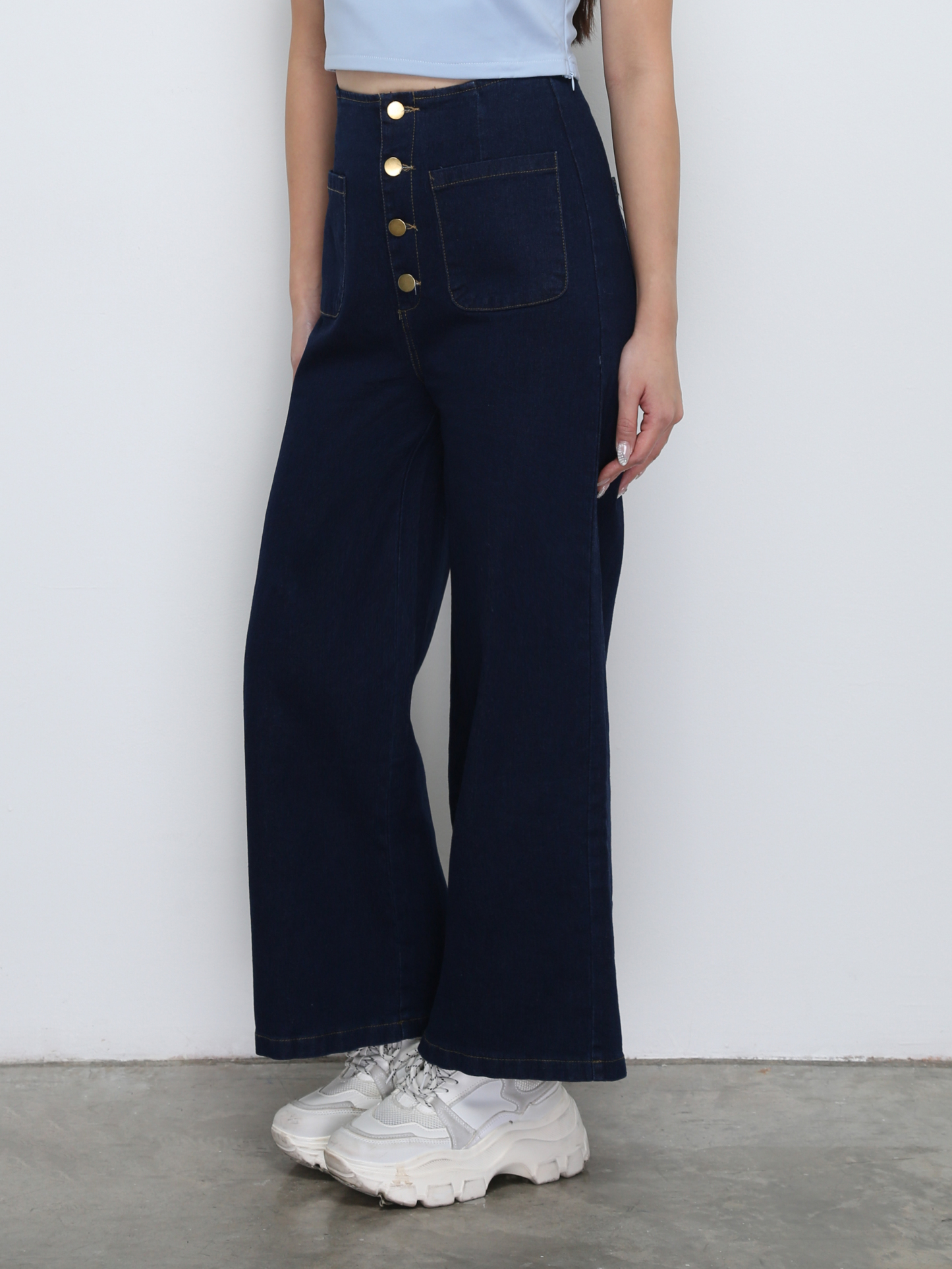 High Waist Front Breasted Button Denim Long Pants 29020
