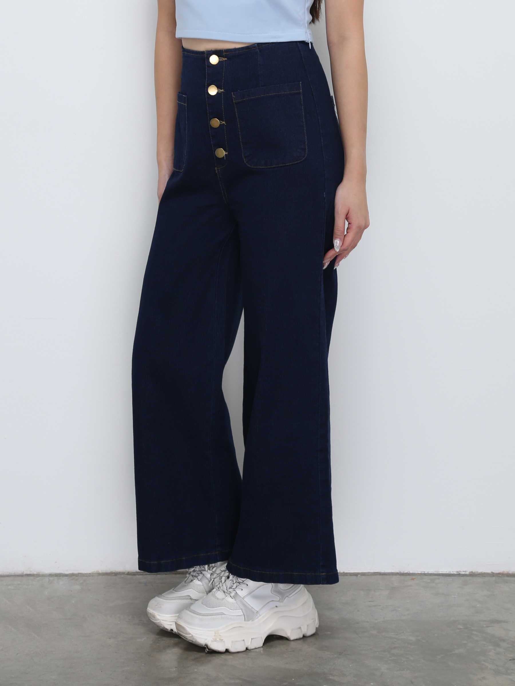 High Waist Front Breasted Button Denim Long Pants 29020