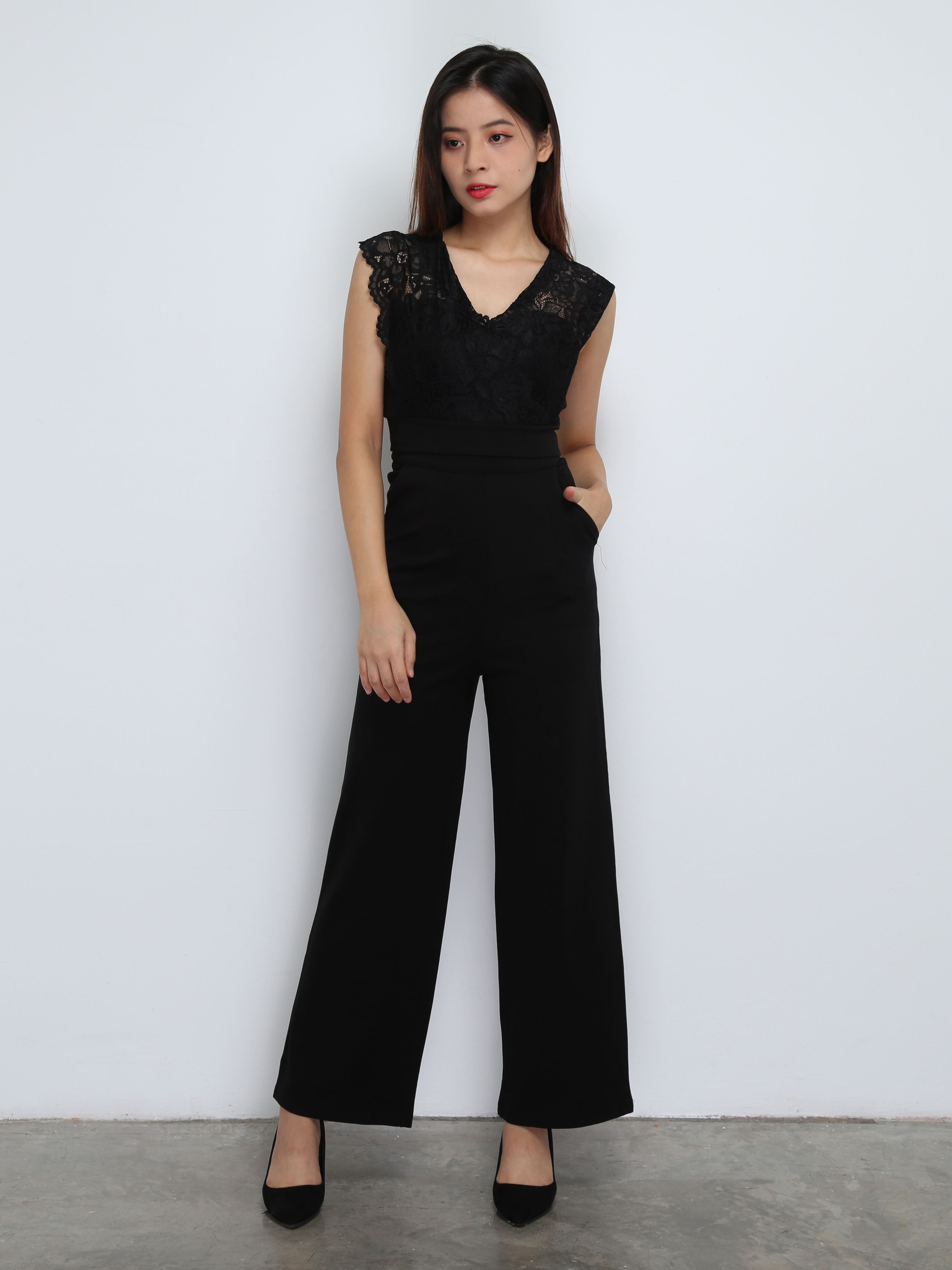 Sleeveless V Neck Lace Top With Long Pants Set 29069