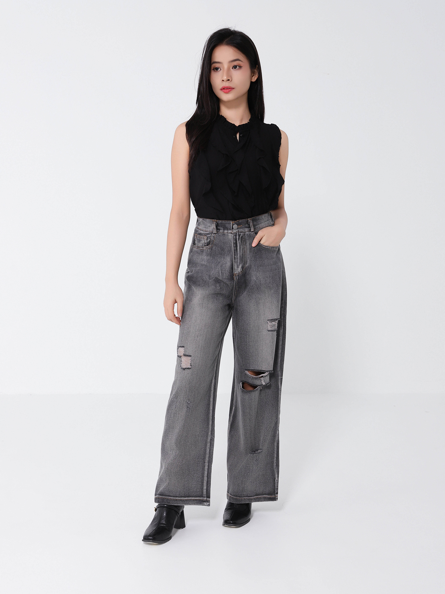 Denim Ripped Long Pants 46371