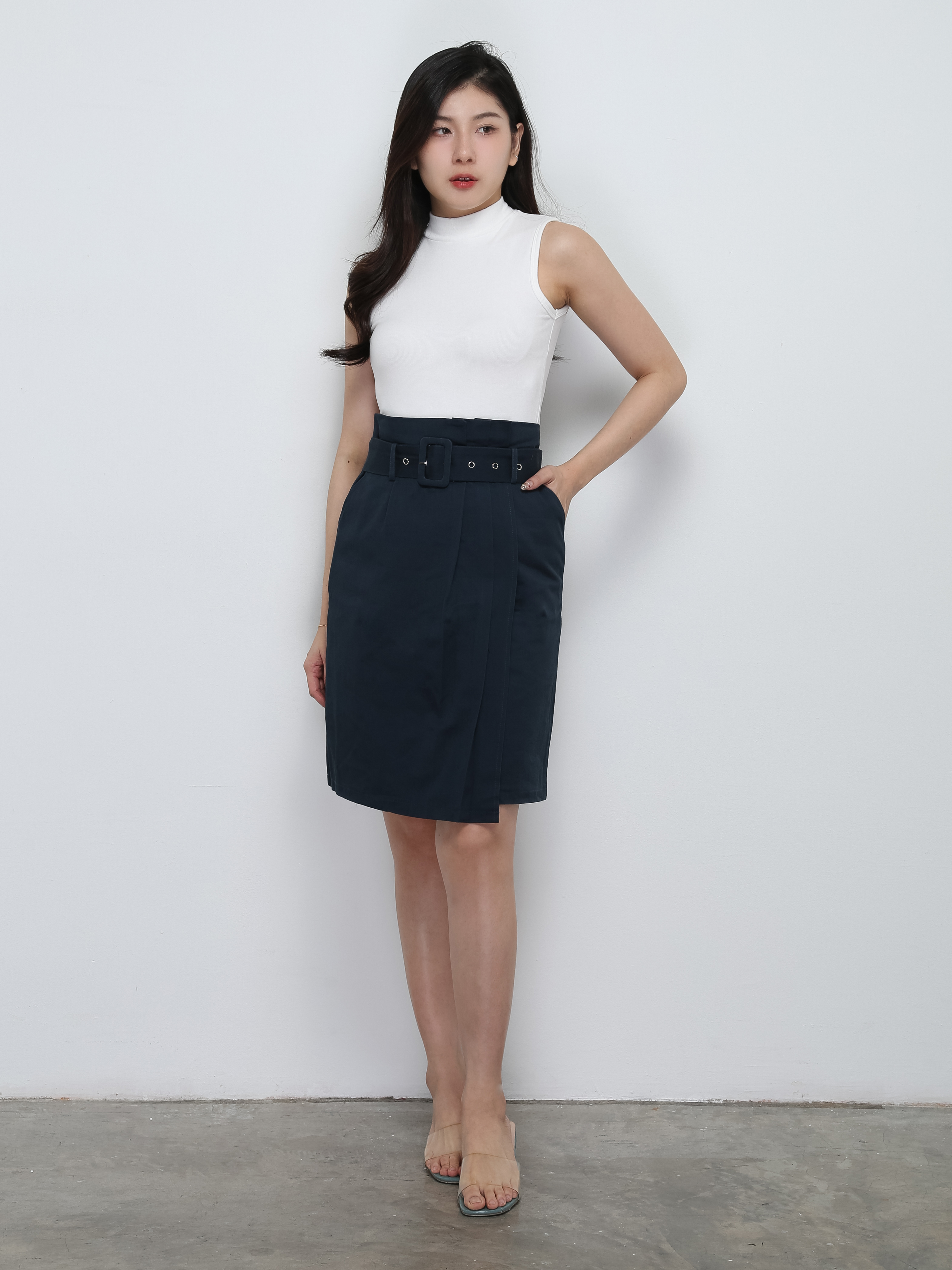 High Waist Pleated With Belt Long Skirt 29246