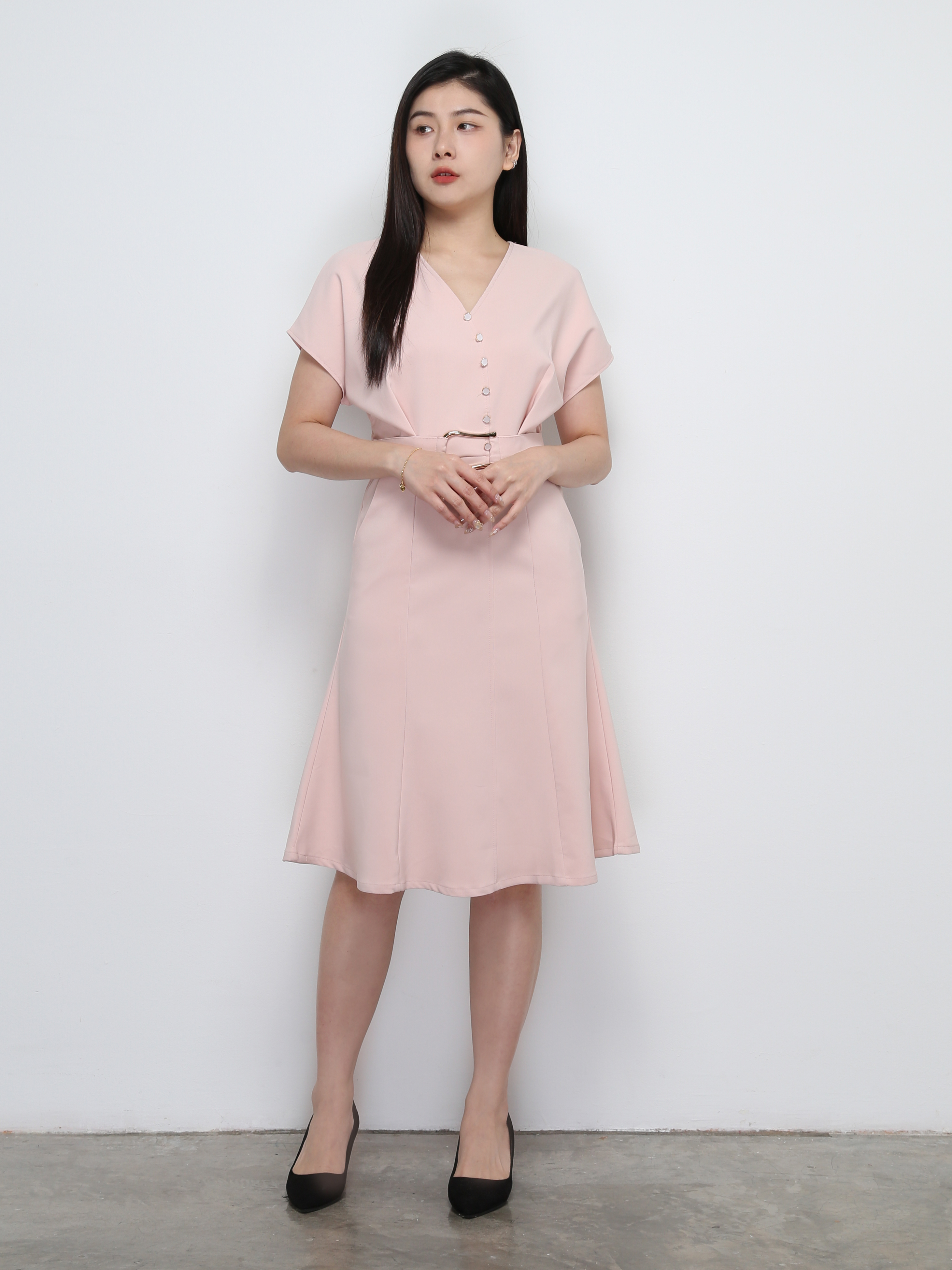 V Neck Front Decorative Button With Belt Dress 29137
