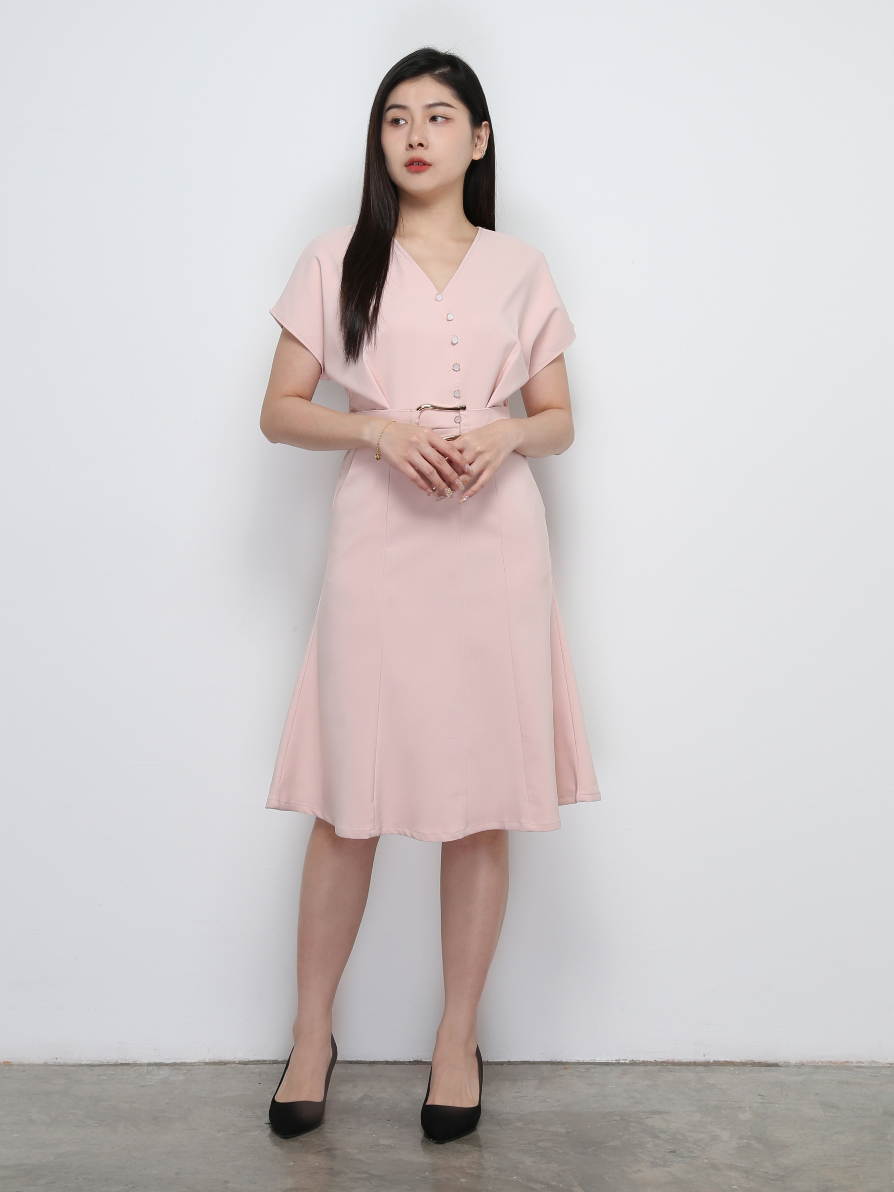 V Neck Front Decorative Button With Belt Dress 29137