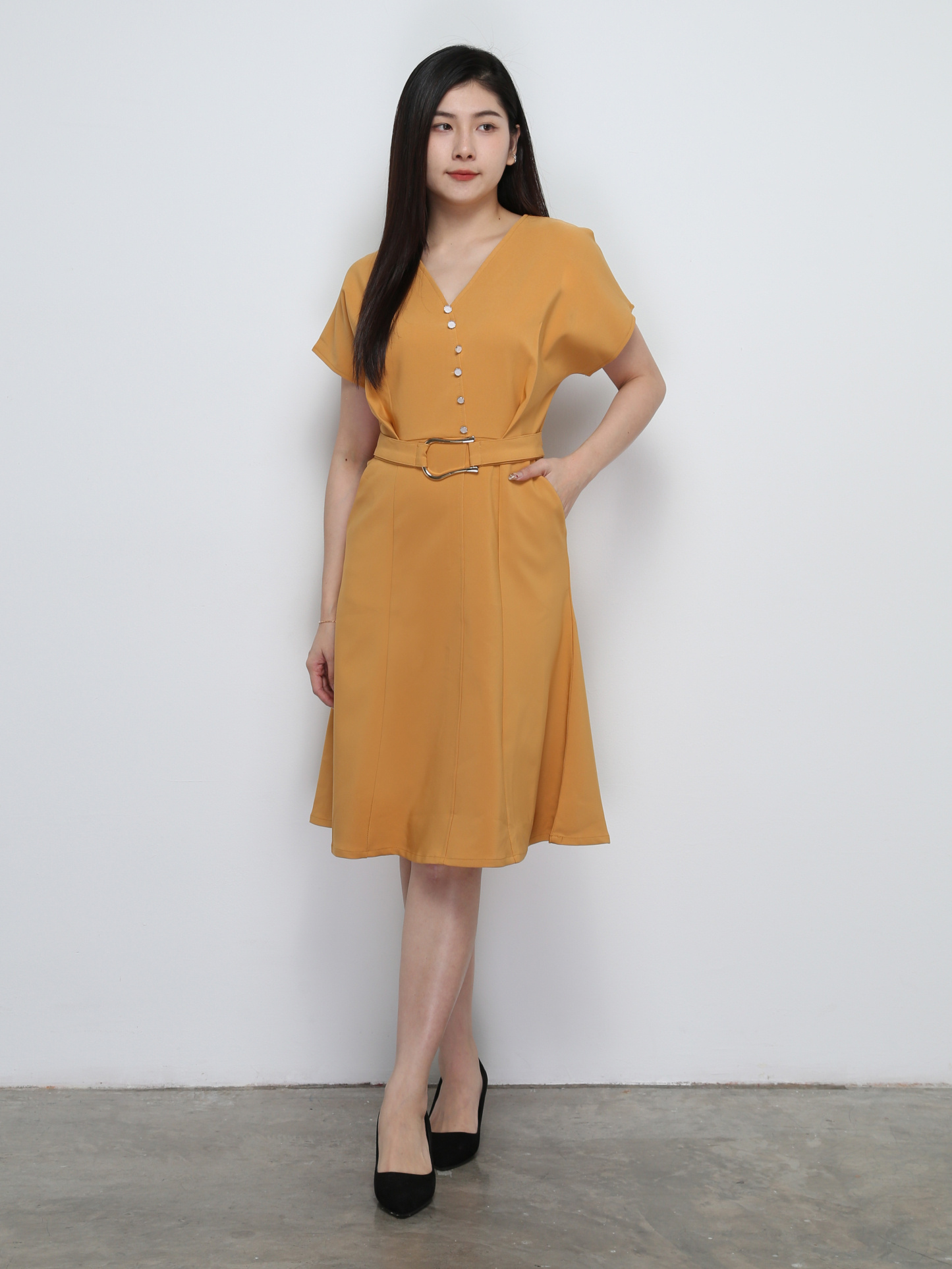 V Neck Front Decorative Button With Belt Dress 29137