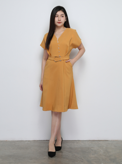 V Neck Front Decorative Button With Belt Dress 29137