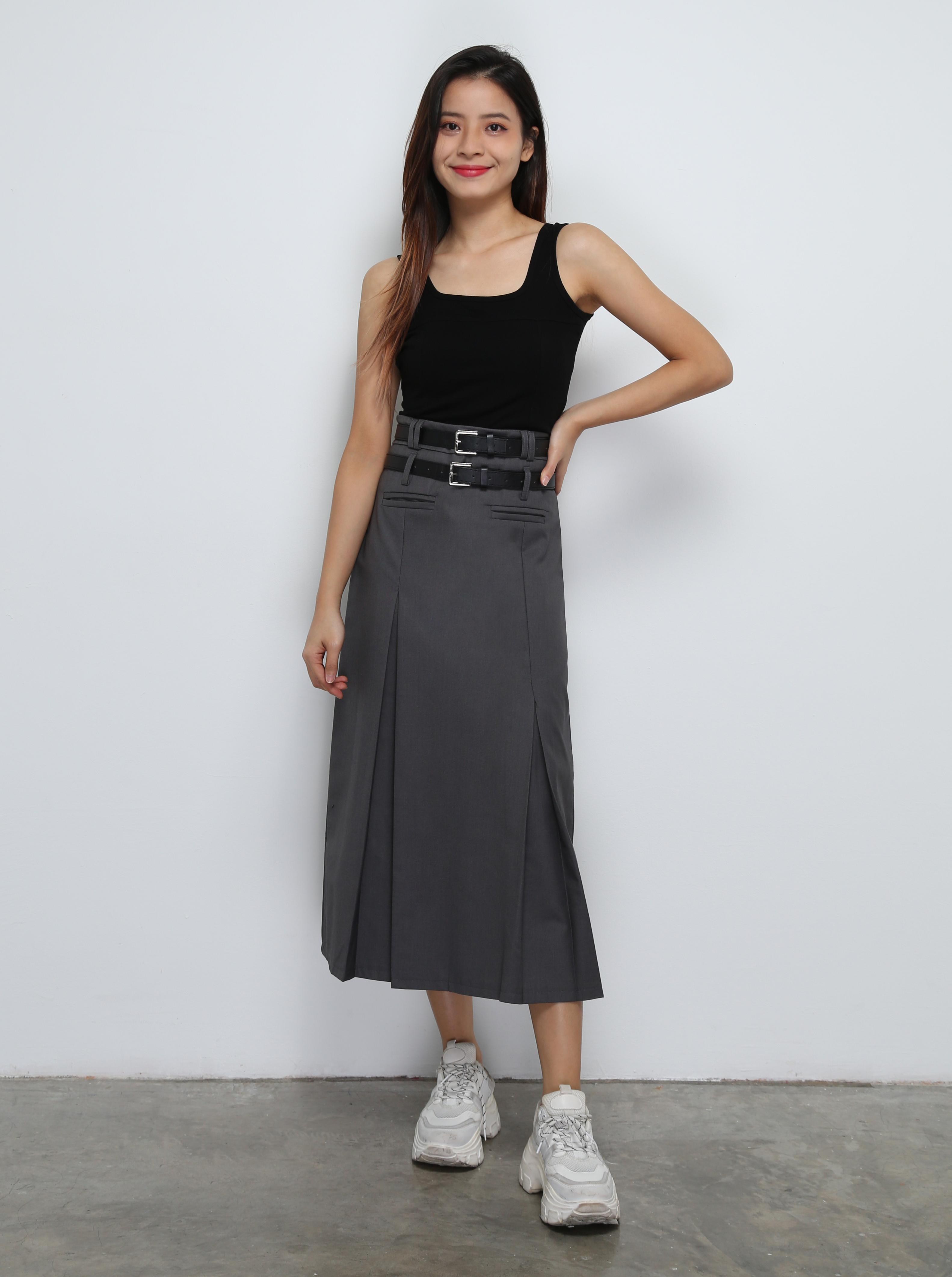 High Waist Pleated With Two Belt Long Skirt 29152
