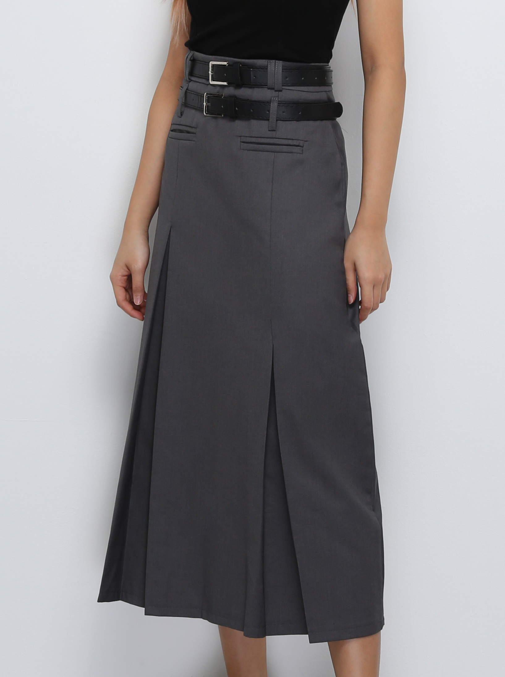 High Waist Pleated With Two Belt Long Skirt 29152