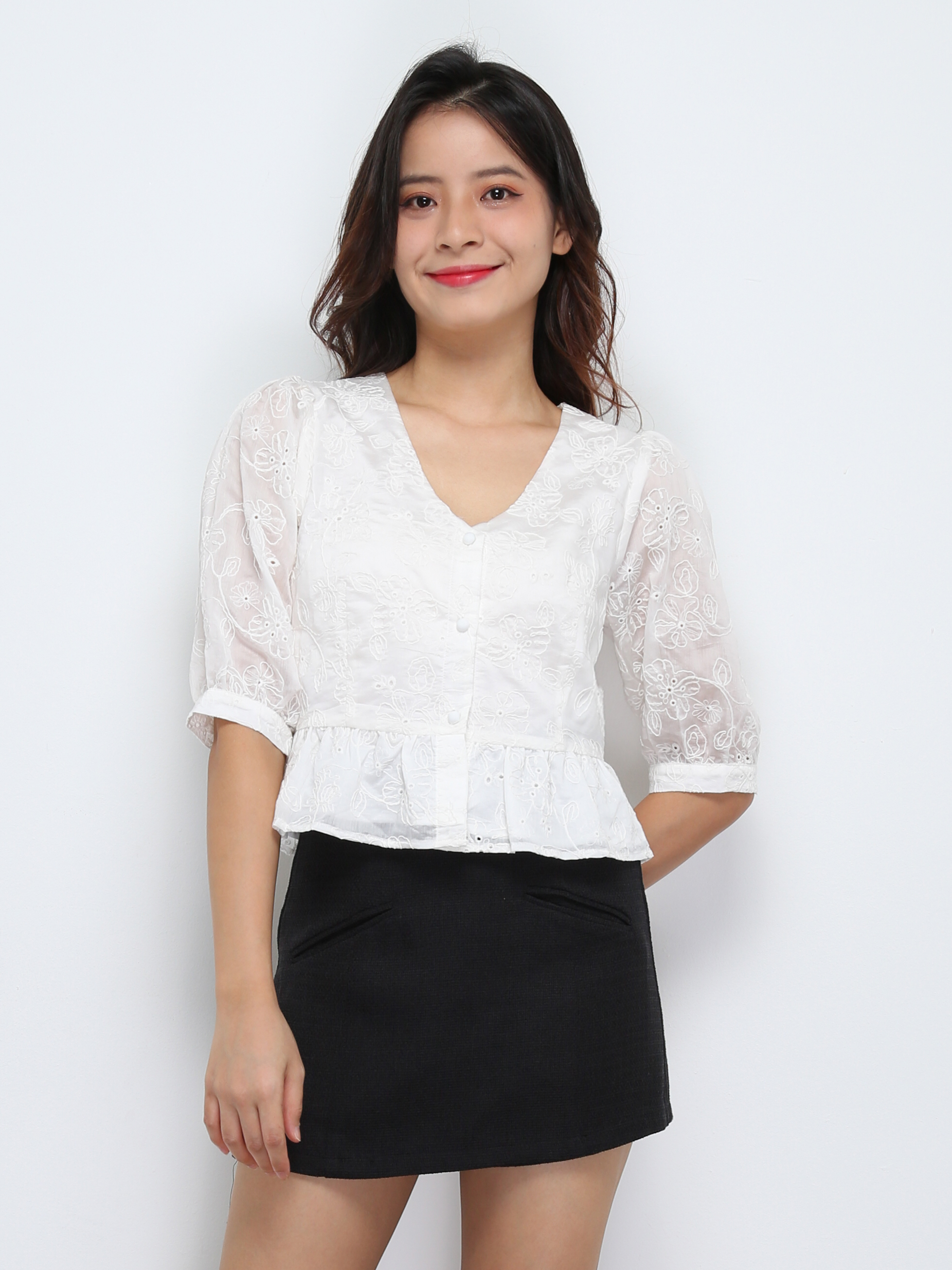Floral Eyelet Front Button Top 29274