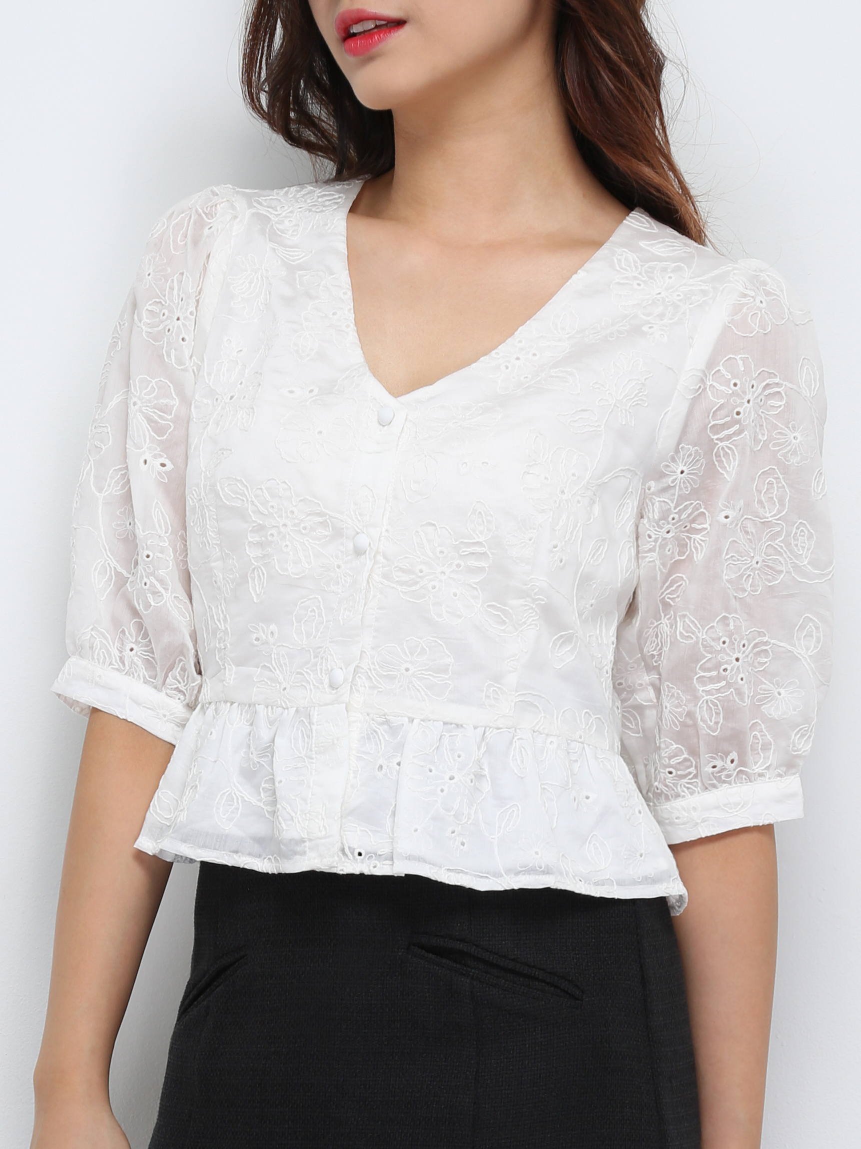 Floral Eyelet Front Button Top 29274