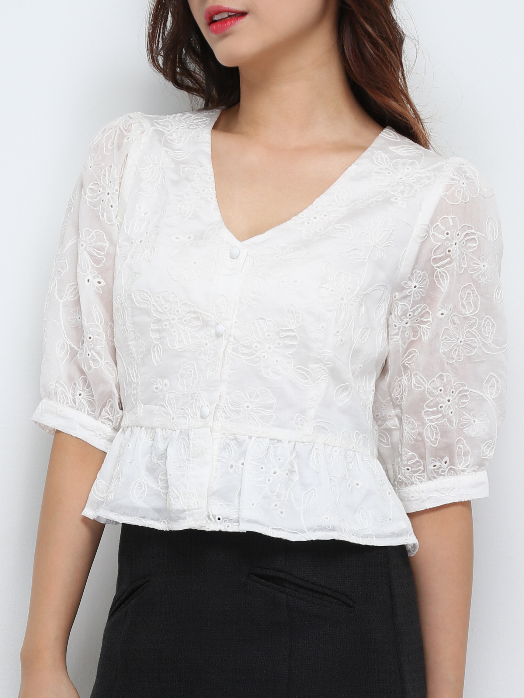 Floral Eyelet Front Button Top 29274