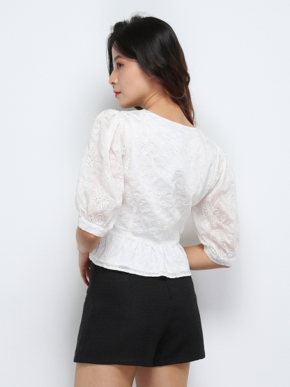 Floral Eyelet Front Button Top 29274