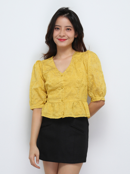 Floral Eyelet Front Button Top 29274