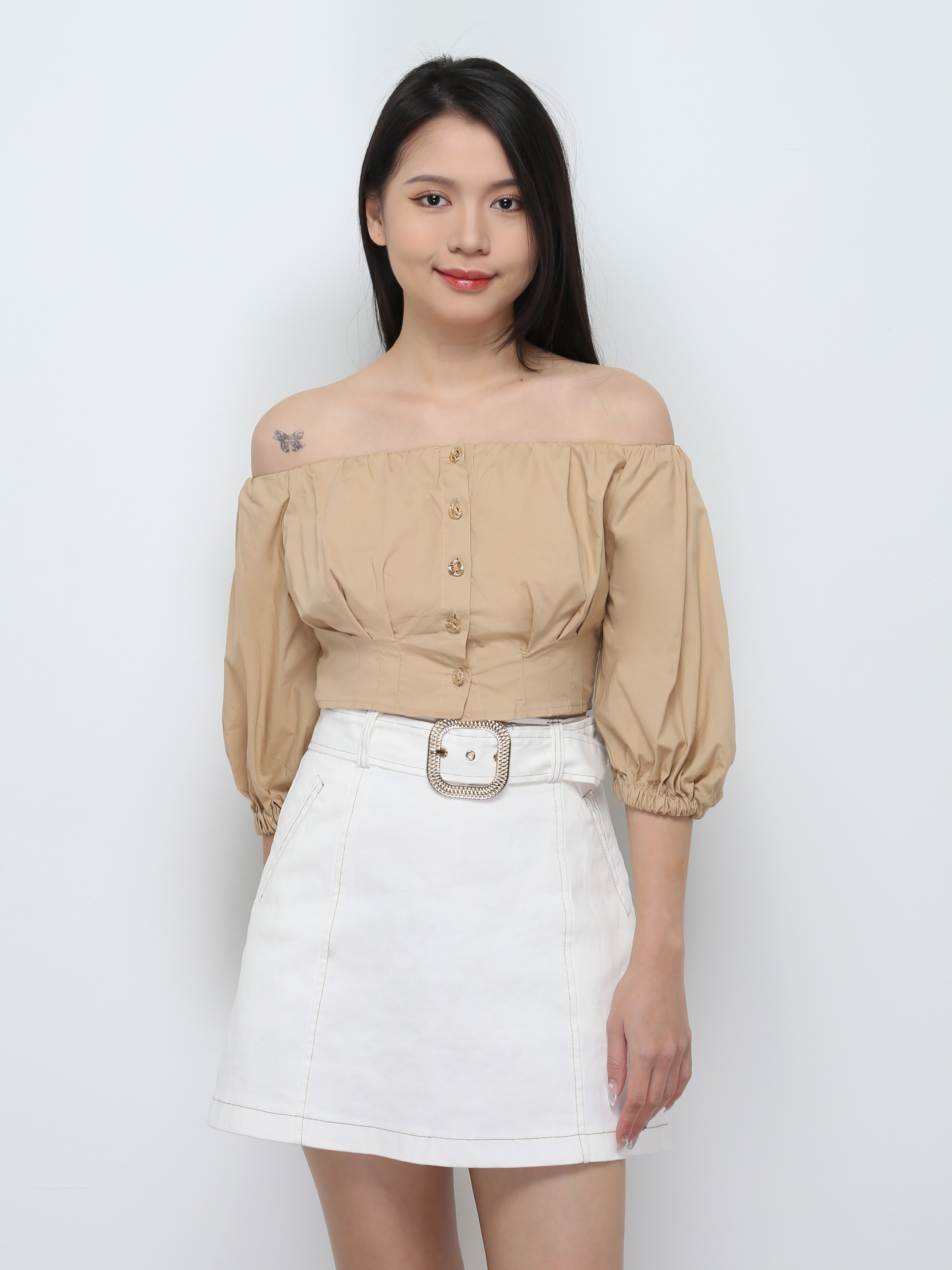 Off Shoulder Front Decorative Button Top 29321