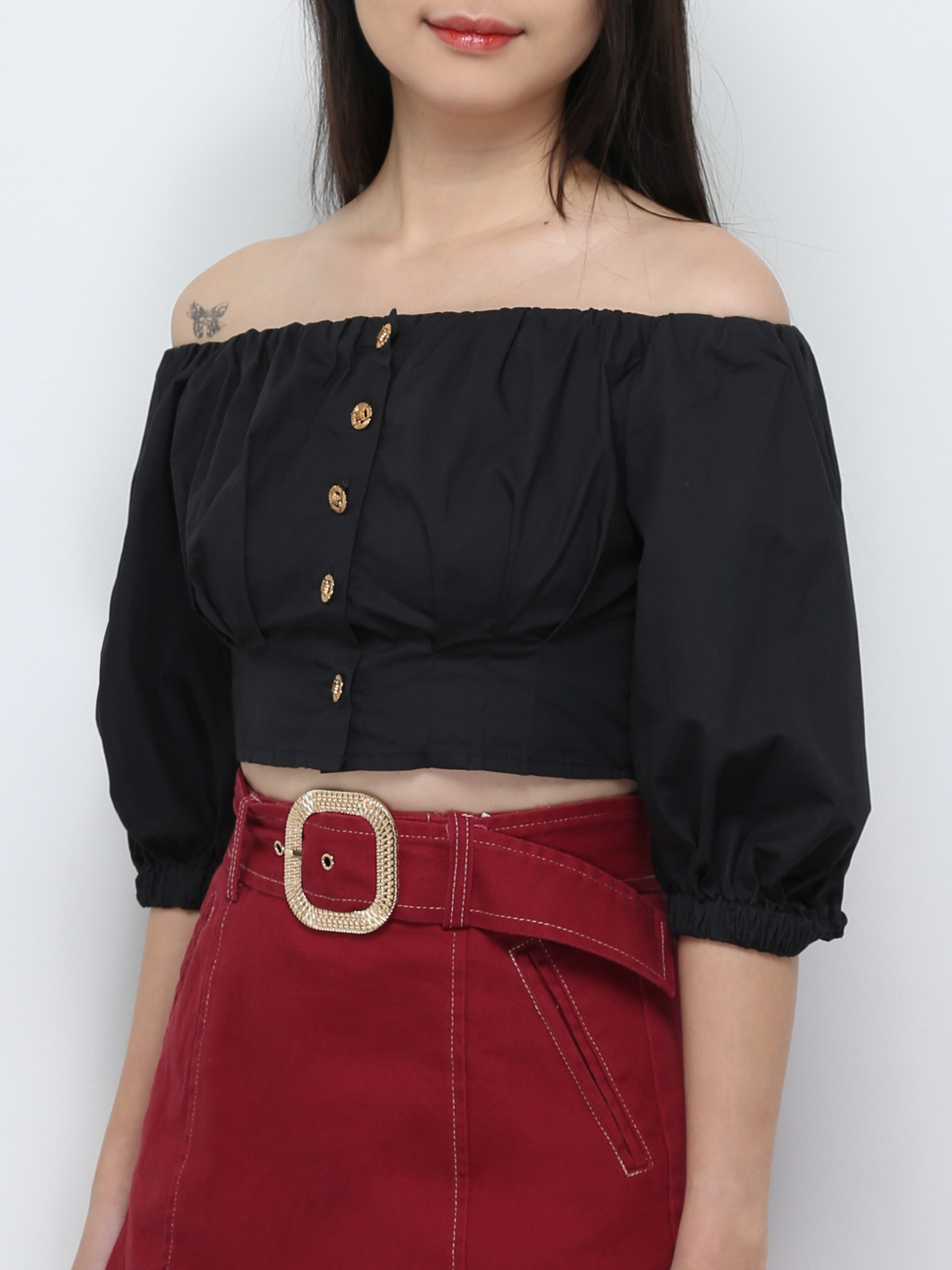 Off Shoulder Front Decorative Button Top 29321