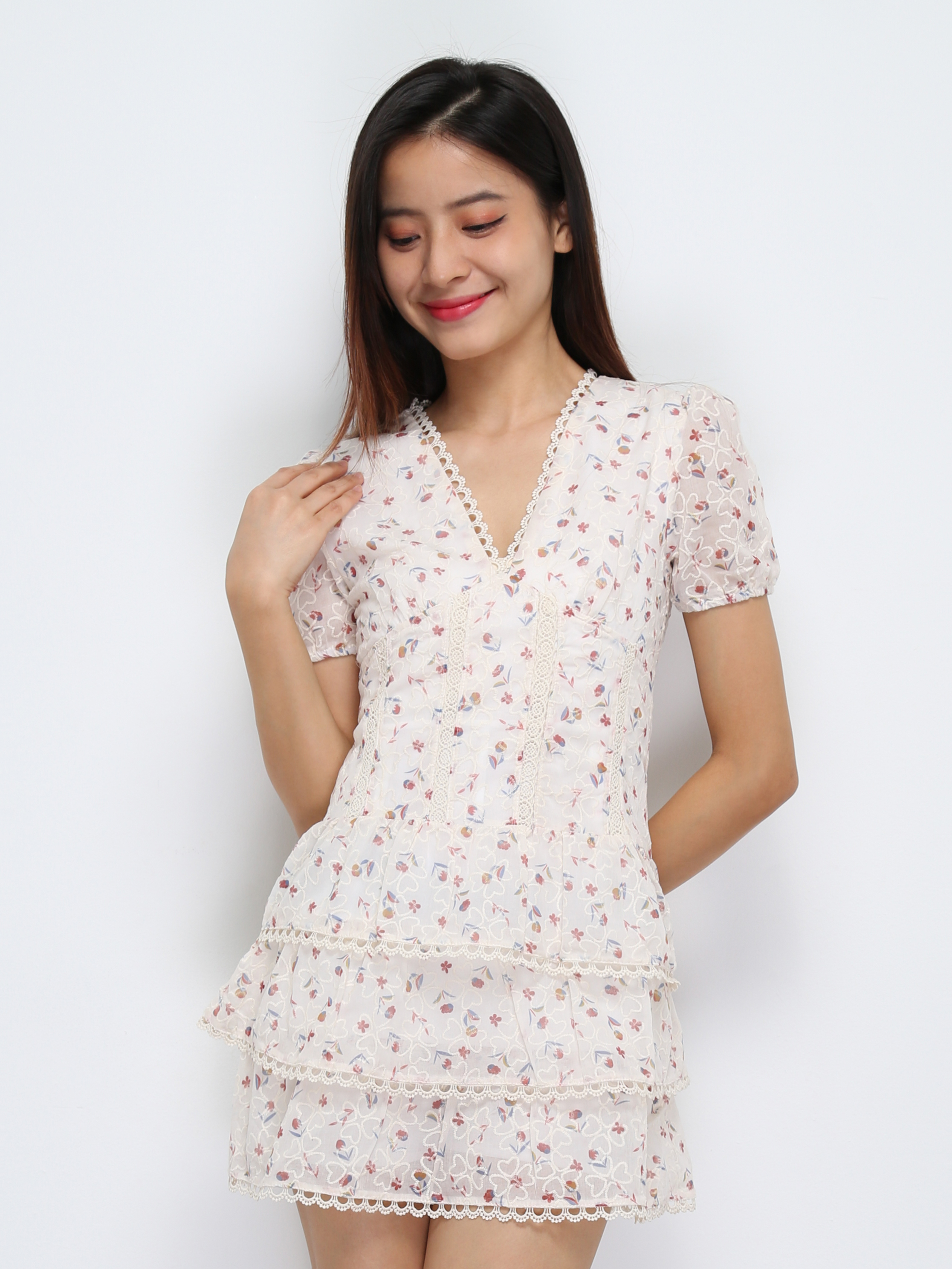 V Neck Decorative Flower Dress 29323