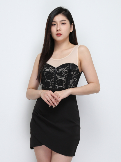 Lace Sleeveless Back Zip Pleated Dress 29342