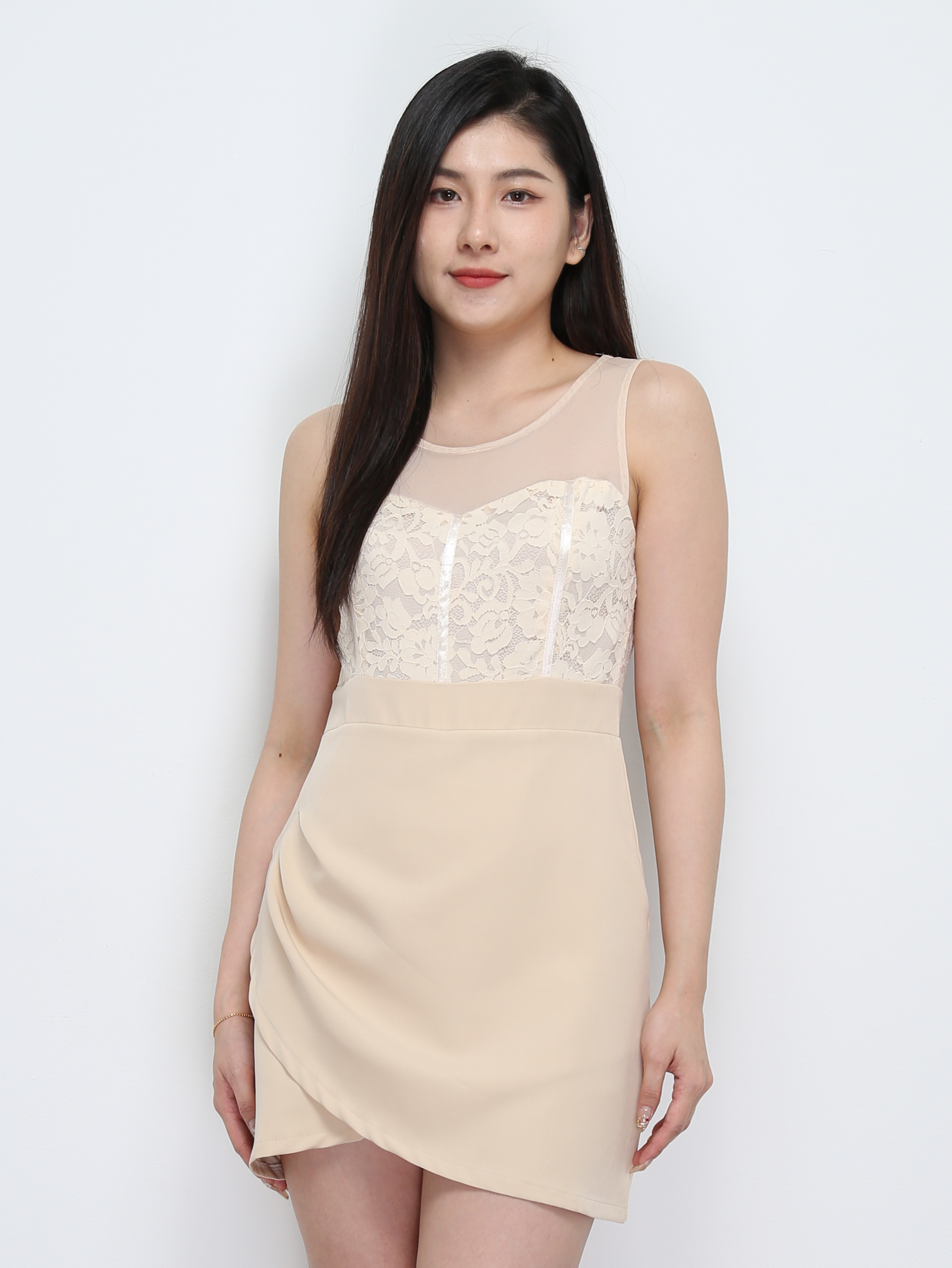 Lace Sleeveless Back Zip Pleated Dress 29342