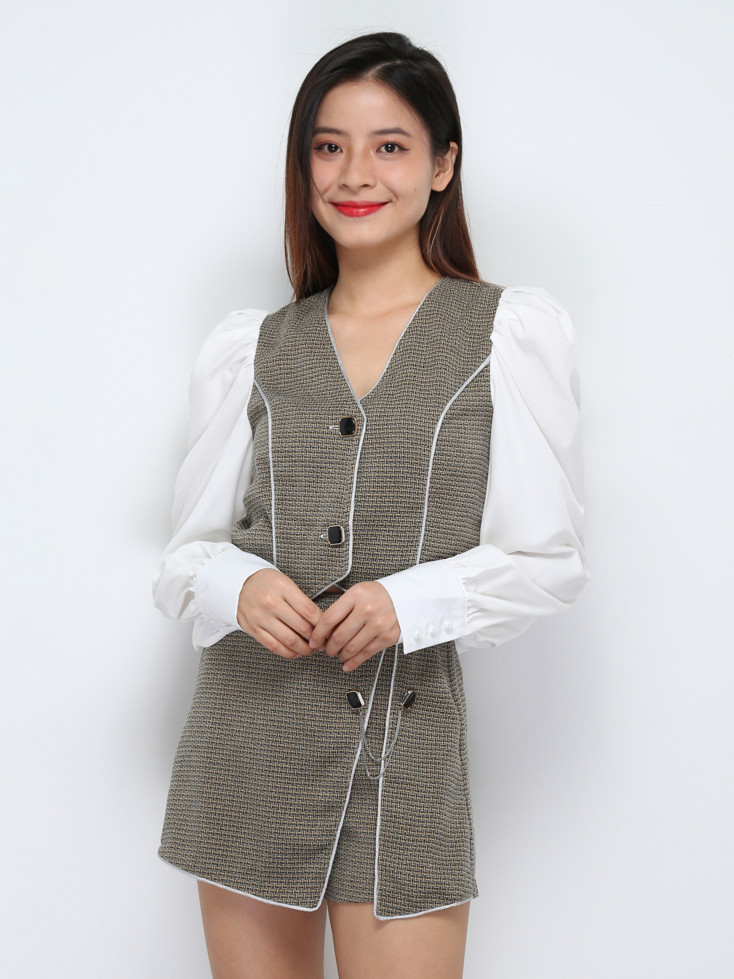 Long Sleeve Front Button Top With Short Pant Set 29496