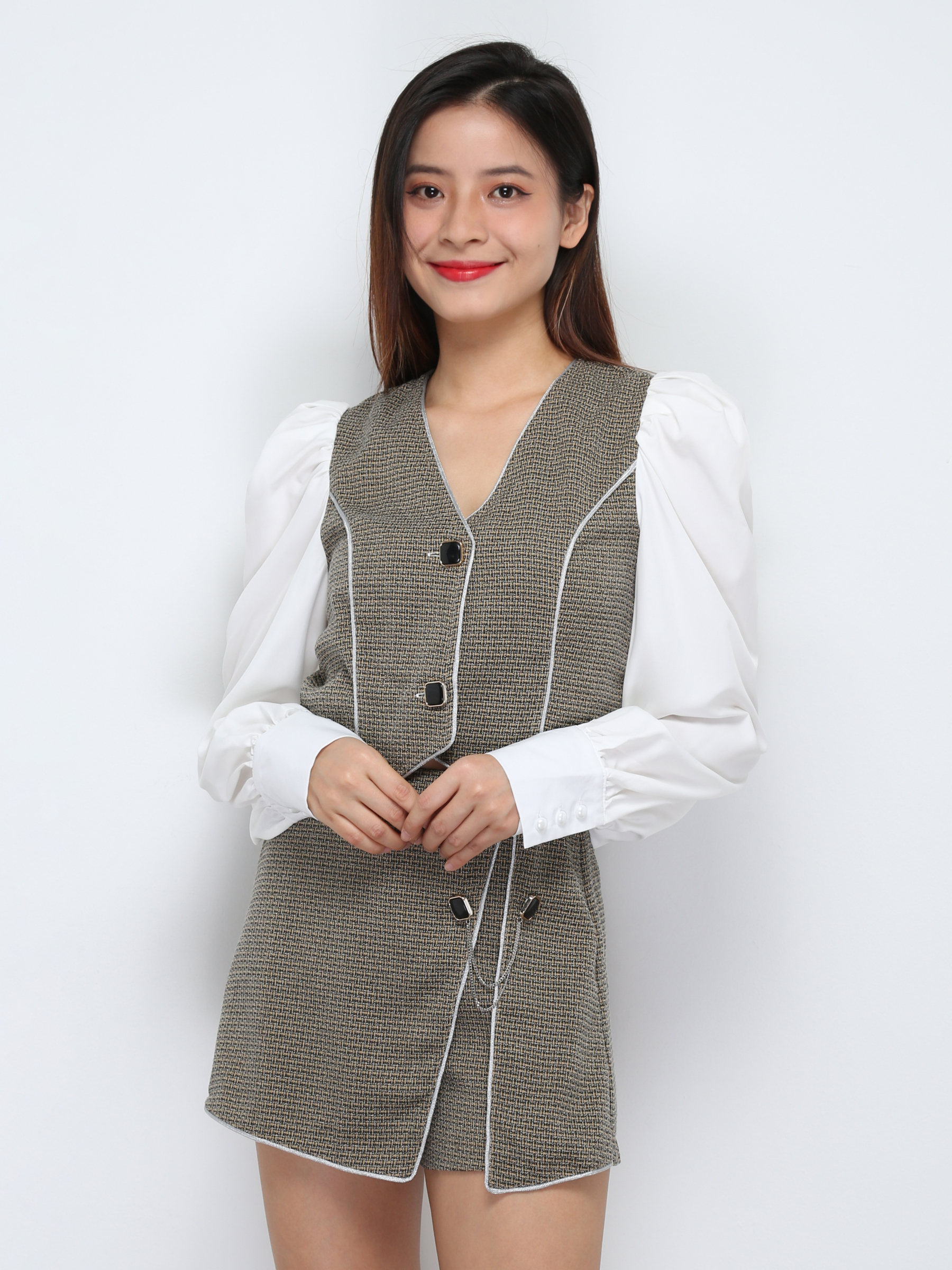 Long Sleeve Front Button Top With Short Pant Set 29496