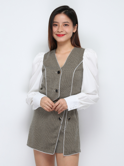 Long Sleeve Front Button Top With Short Pant Set 29496