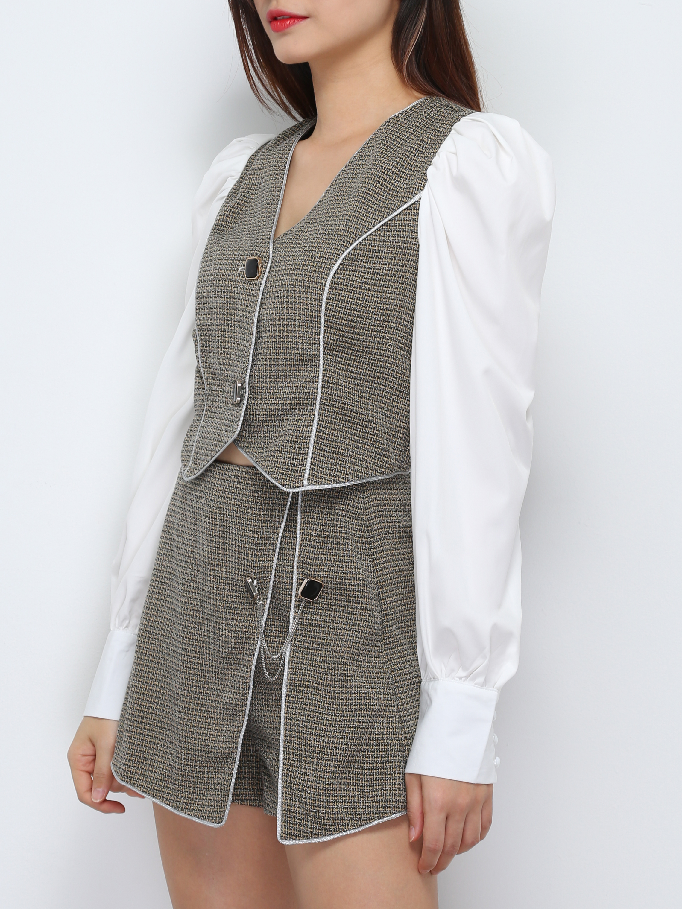 Long Sleeve Front Button Top With Short Pant Set 29496