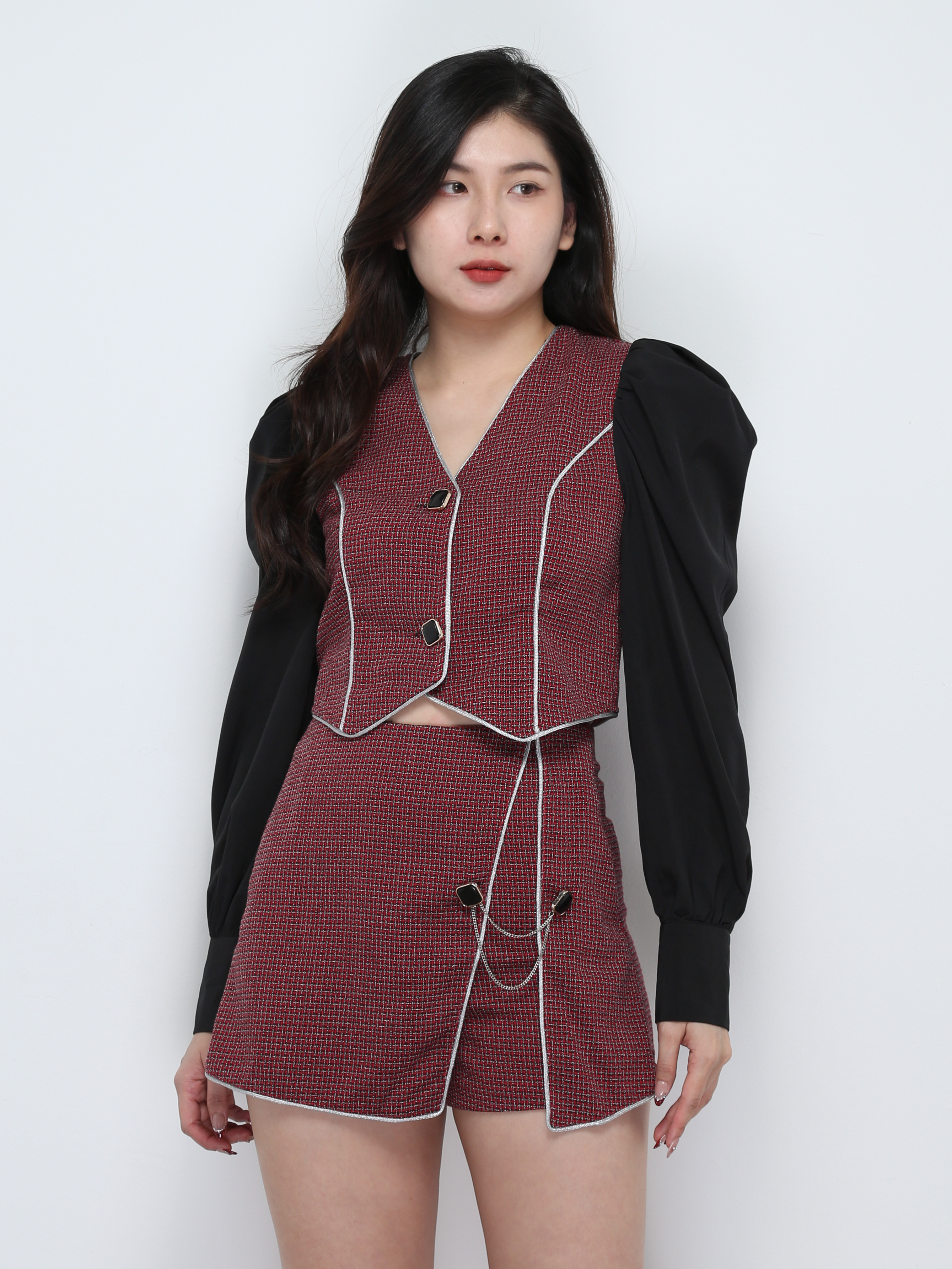 Long Sleeve Front Button Top With Short Pant Set 29496