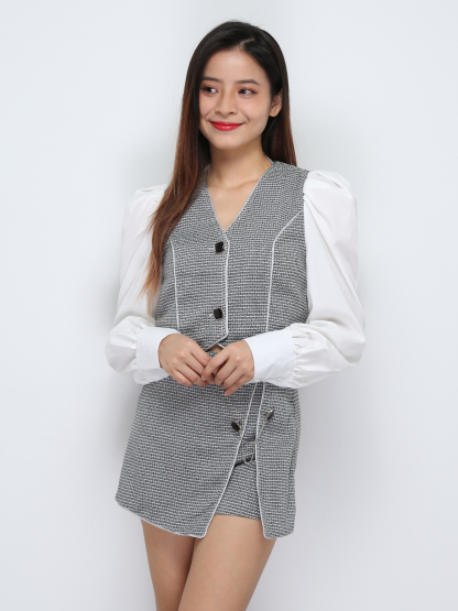 Long Sleeve Front Button Top With Short Pant Set 29496