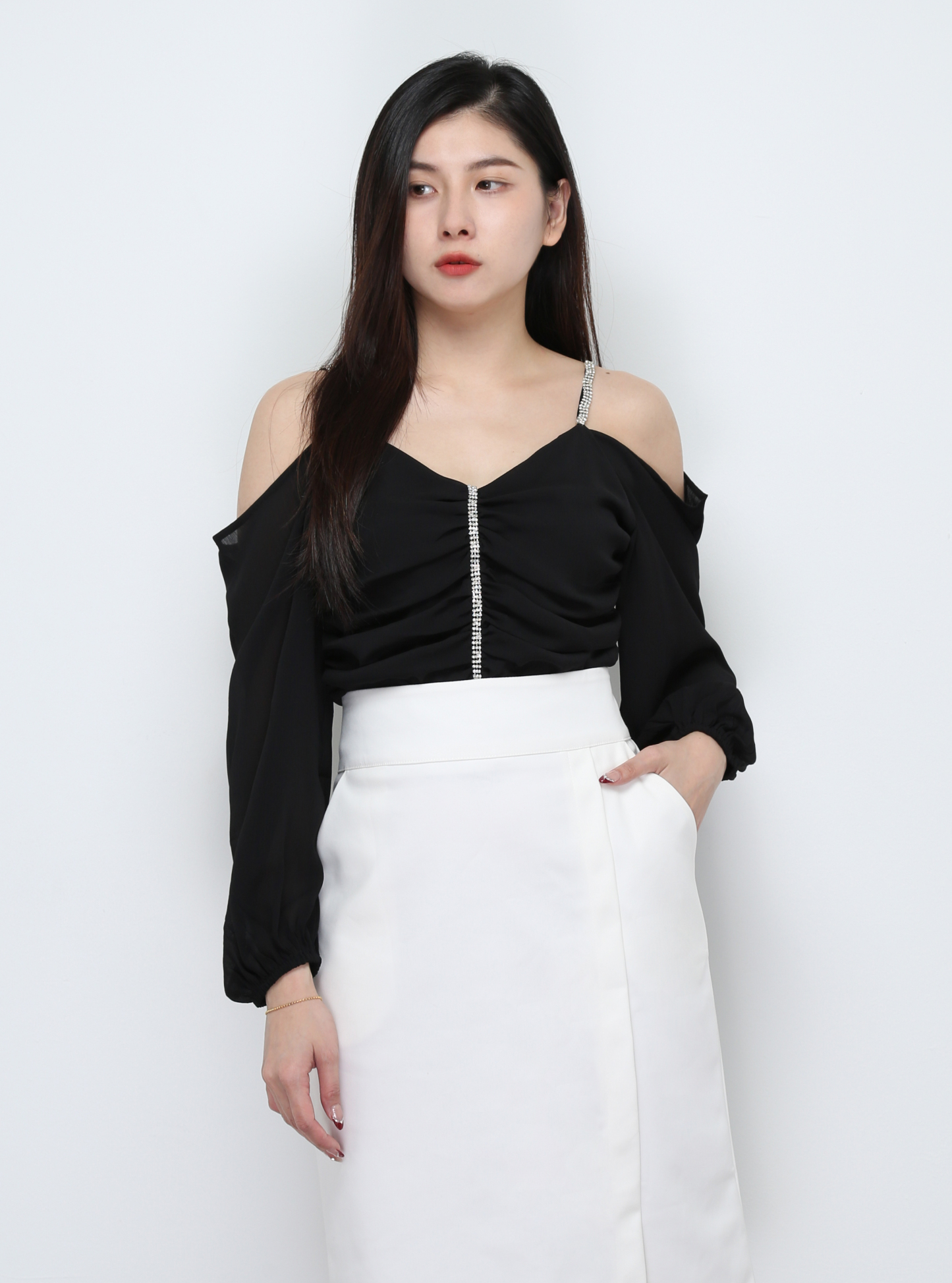 Off Shoulder With Strap Front Pleated Top 29698