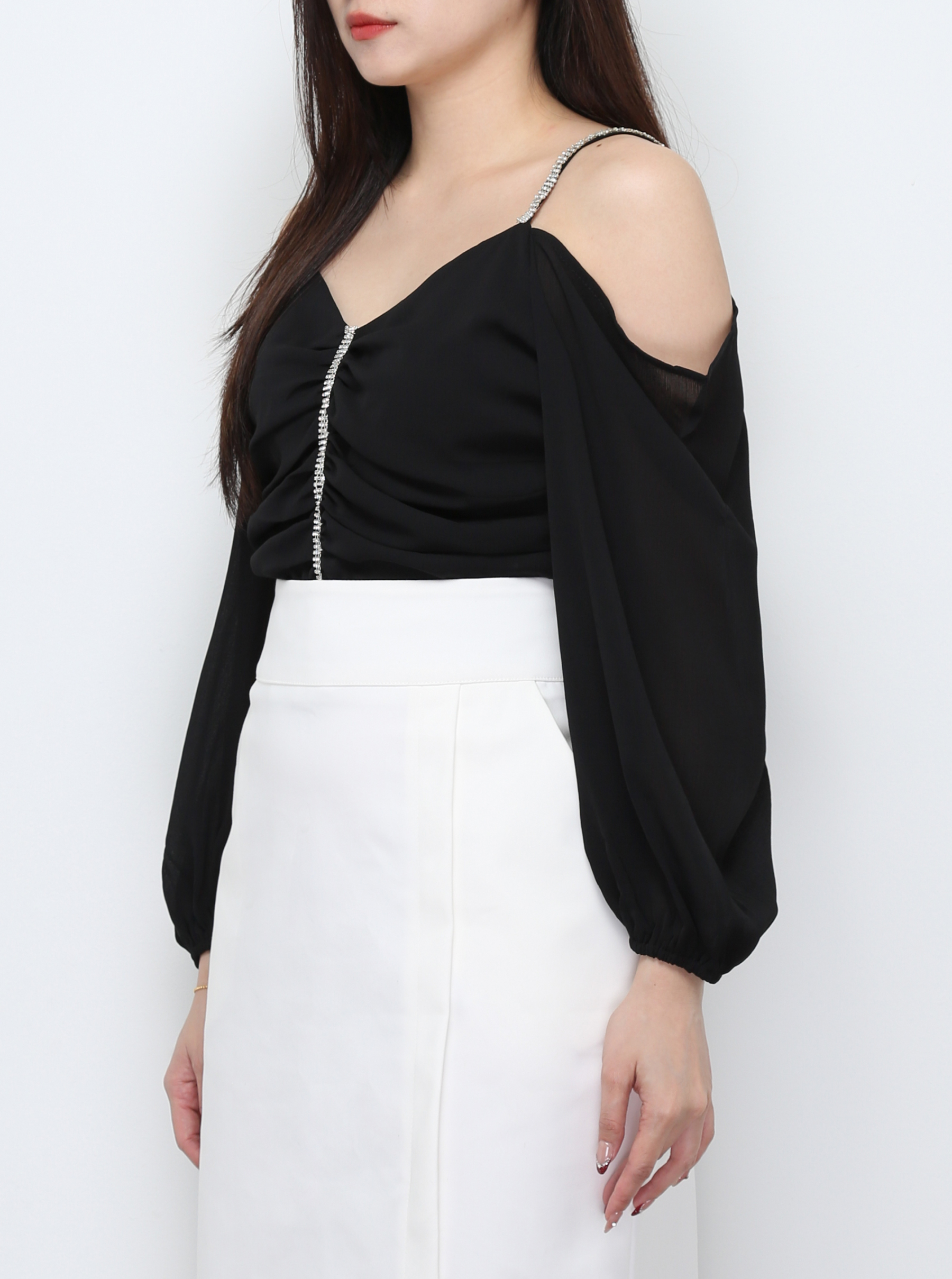 Off Shoulder With Strap Front Pleated Top 29698