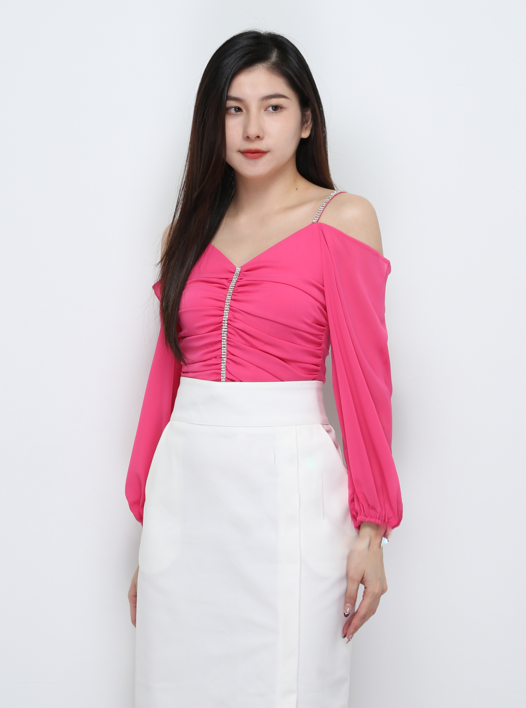 Off Shoulder With Strap Front Pleated Top 29698