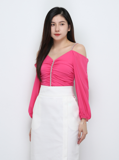 Off Shoulder With Strap Front Pleated Top 29698