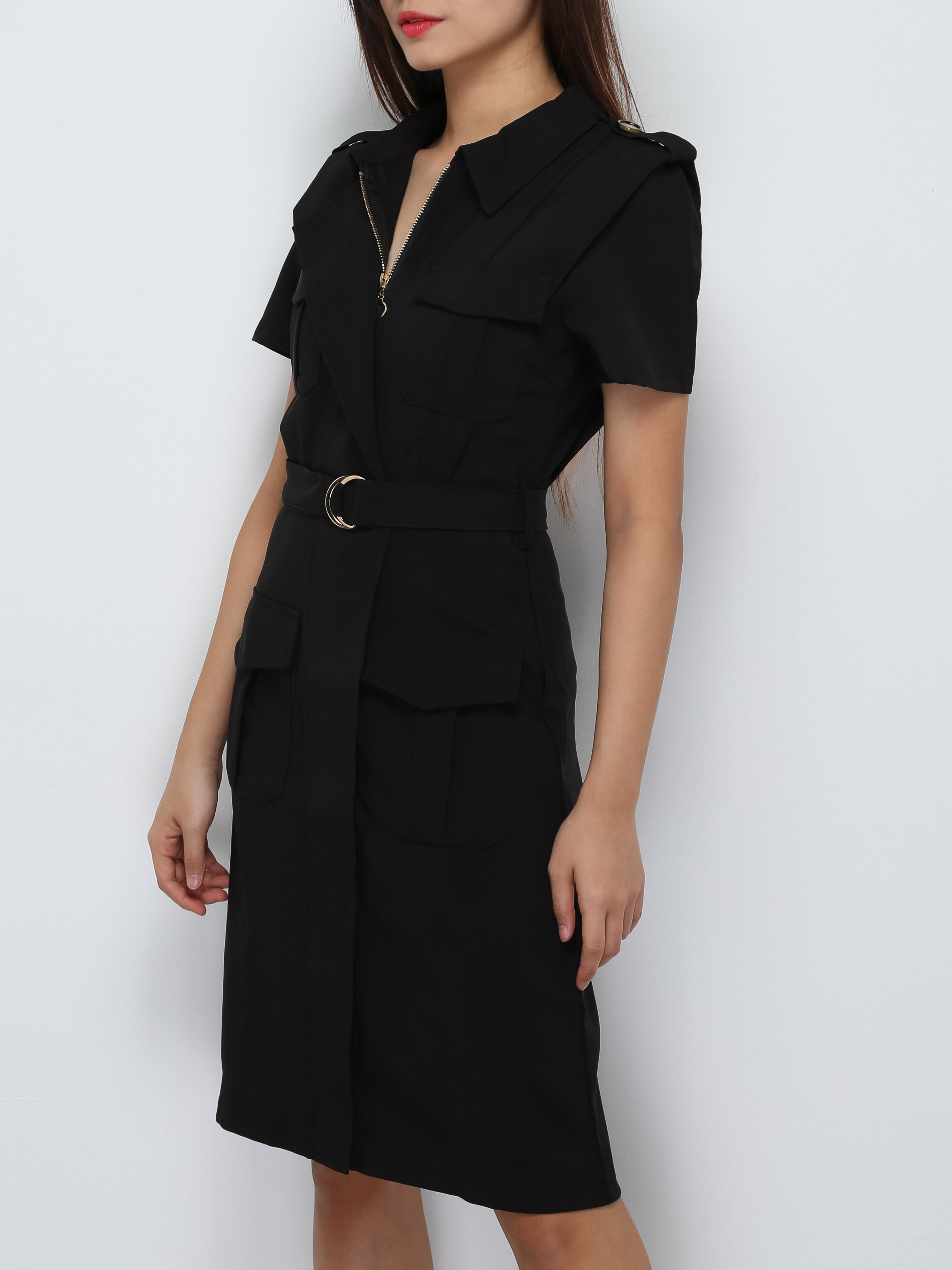 Short Sleeve Front Pocket Dress With Decorative Belt 29797