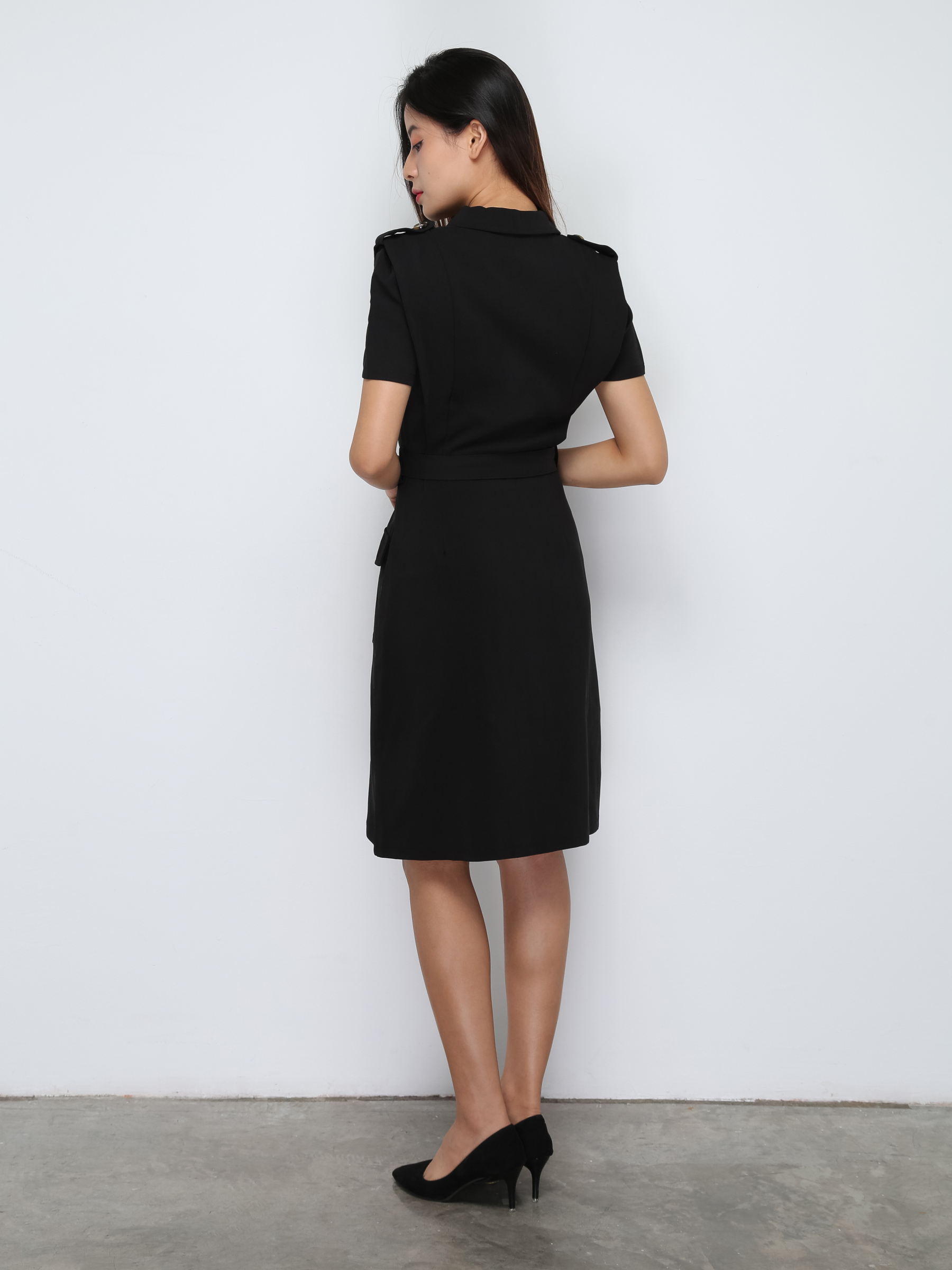 Short Sleeve Front Pocket Dress With Decorative Belt 29797