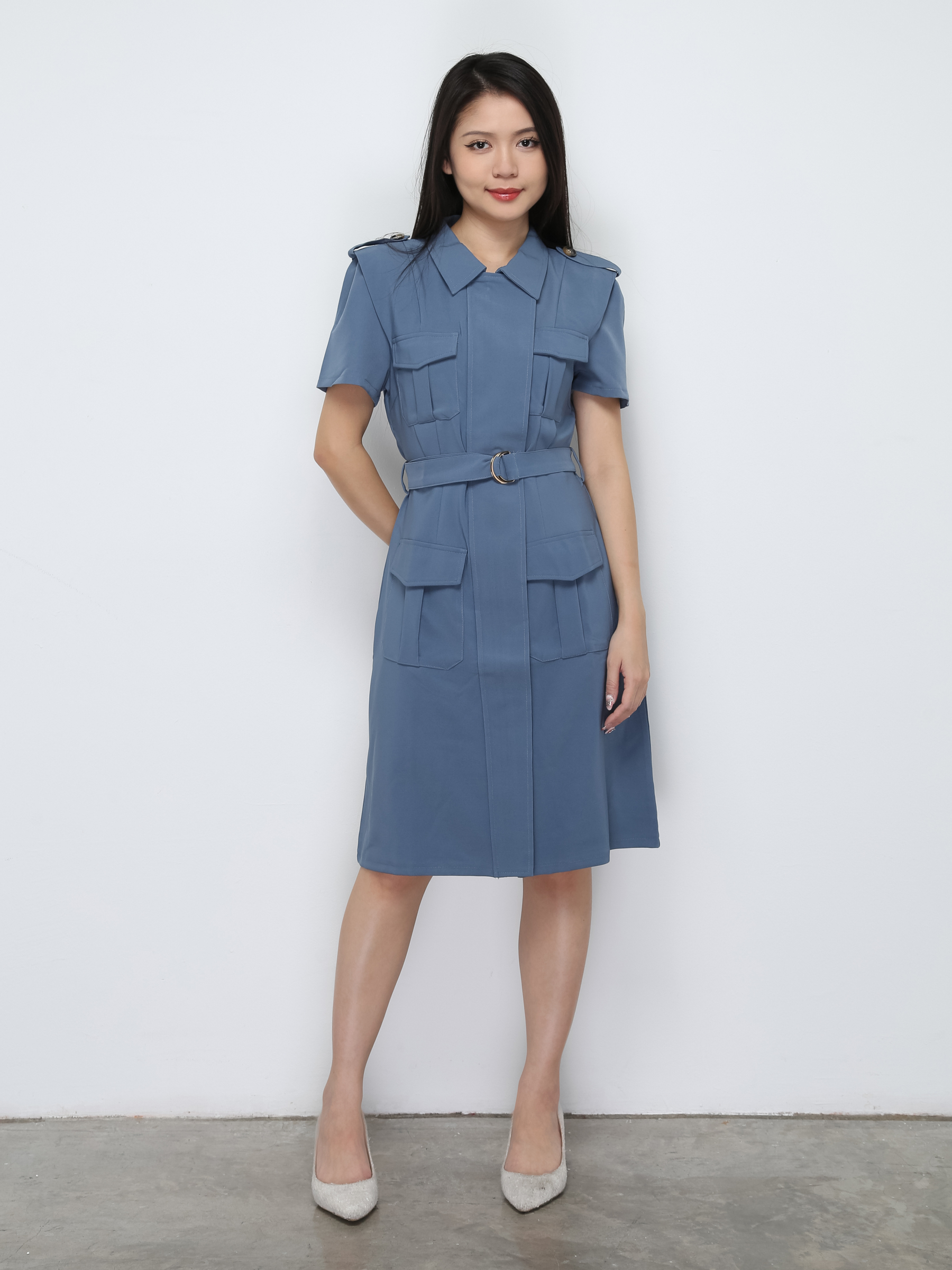 Short Sleeve Front Pocket Dress With Decorative Belt 29797