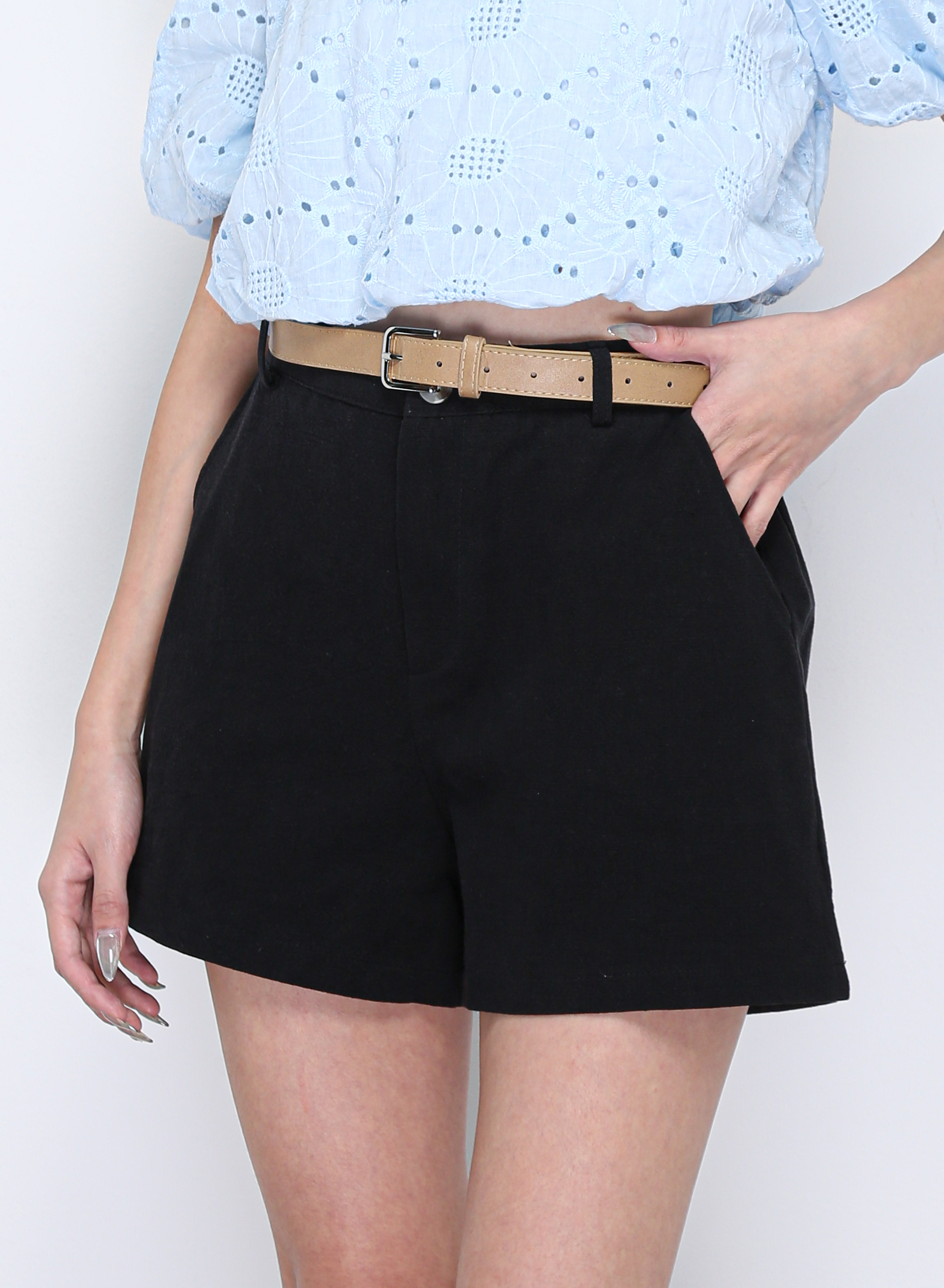 Linen Side Pocket Short Pants With Belt 16357