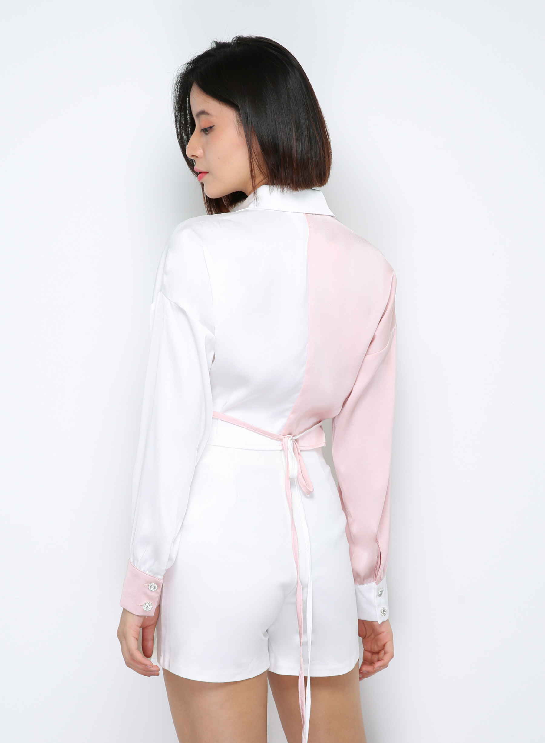 Two Tone Waist Tie Up Strap Top 29832