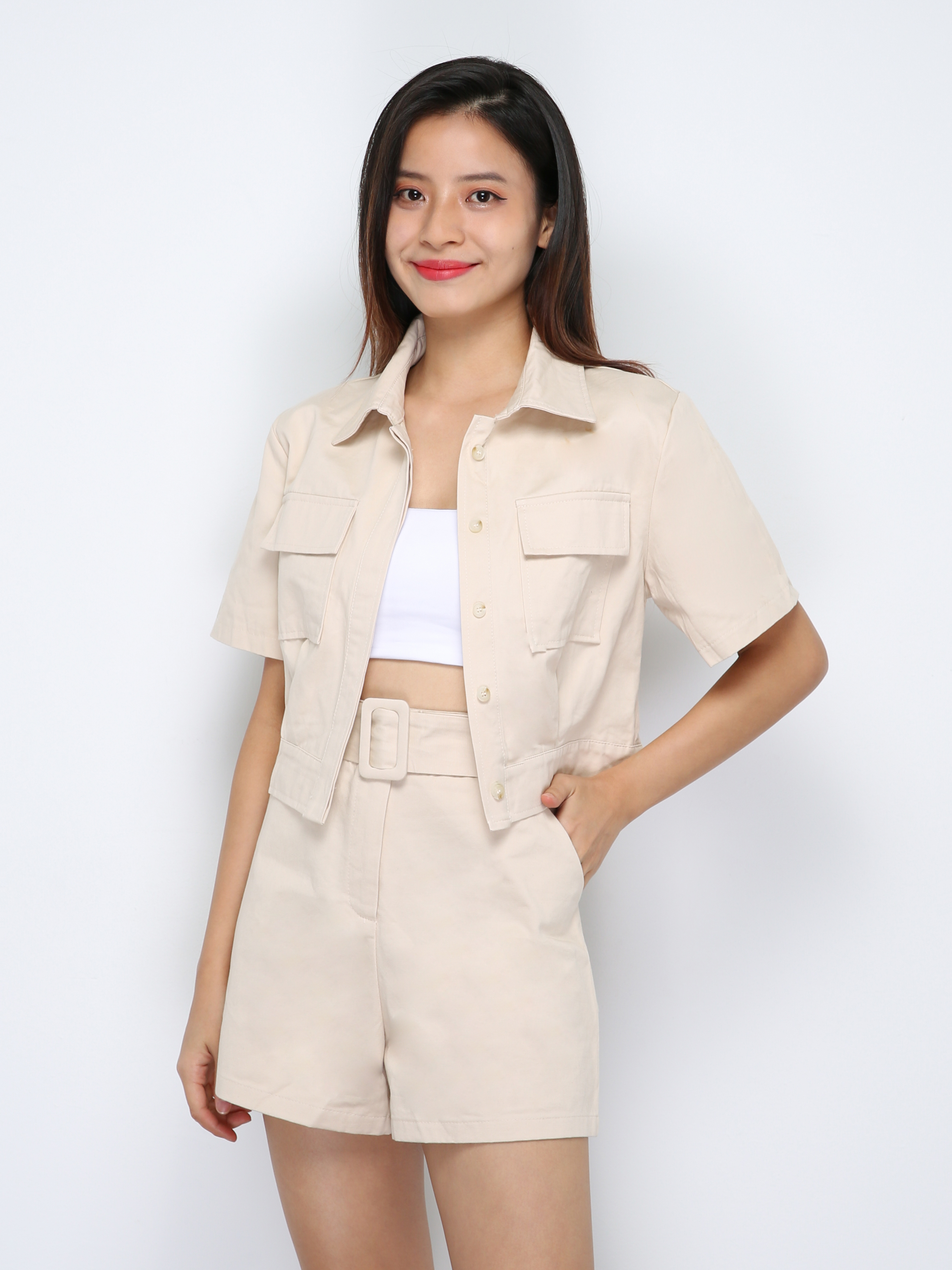 Short Sleeve Front Button Top With Short Pant With Belt Set 29906