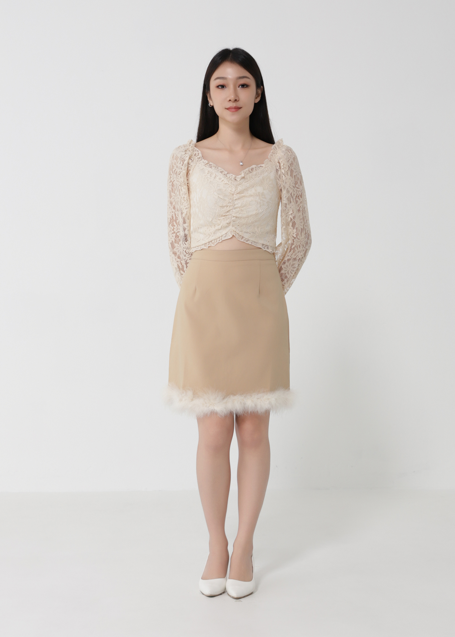 Lace Top With Fur Skirt Set 30252