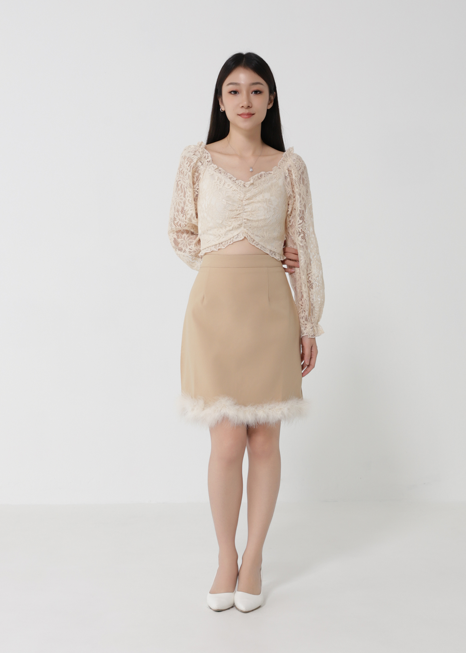 Lace Top With Fur Skirt Set 30252