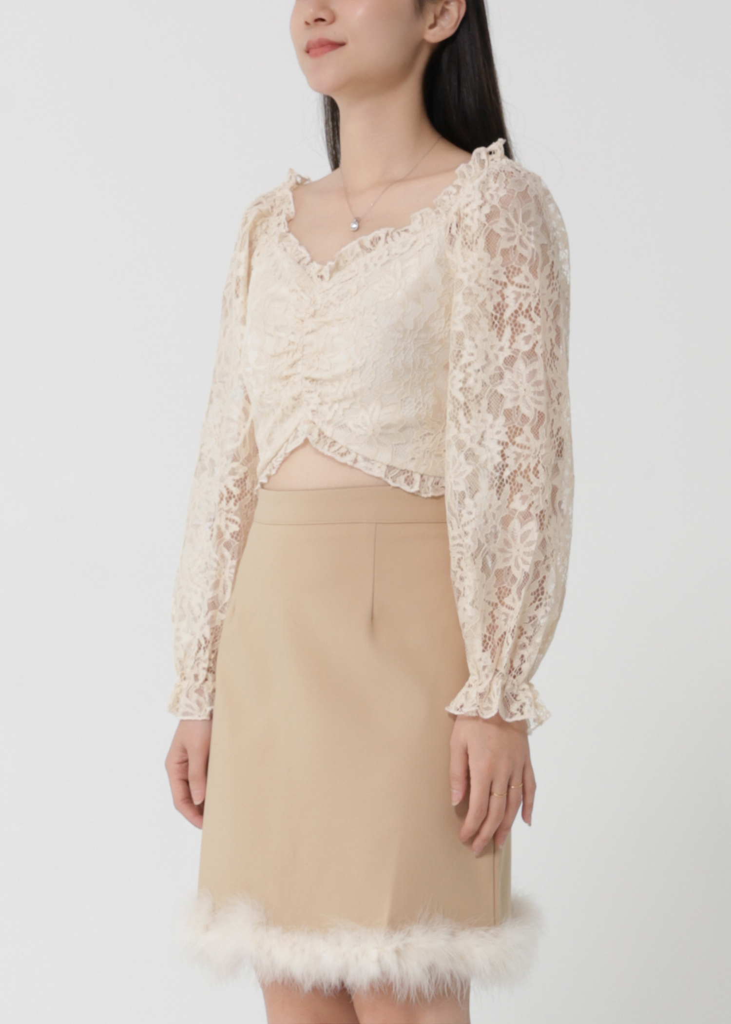 Lace Top With Fur Skirt Set 30252