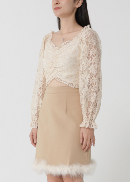 Lace Top With Fur Skirt Set 30252