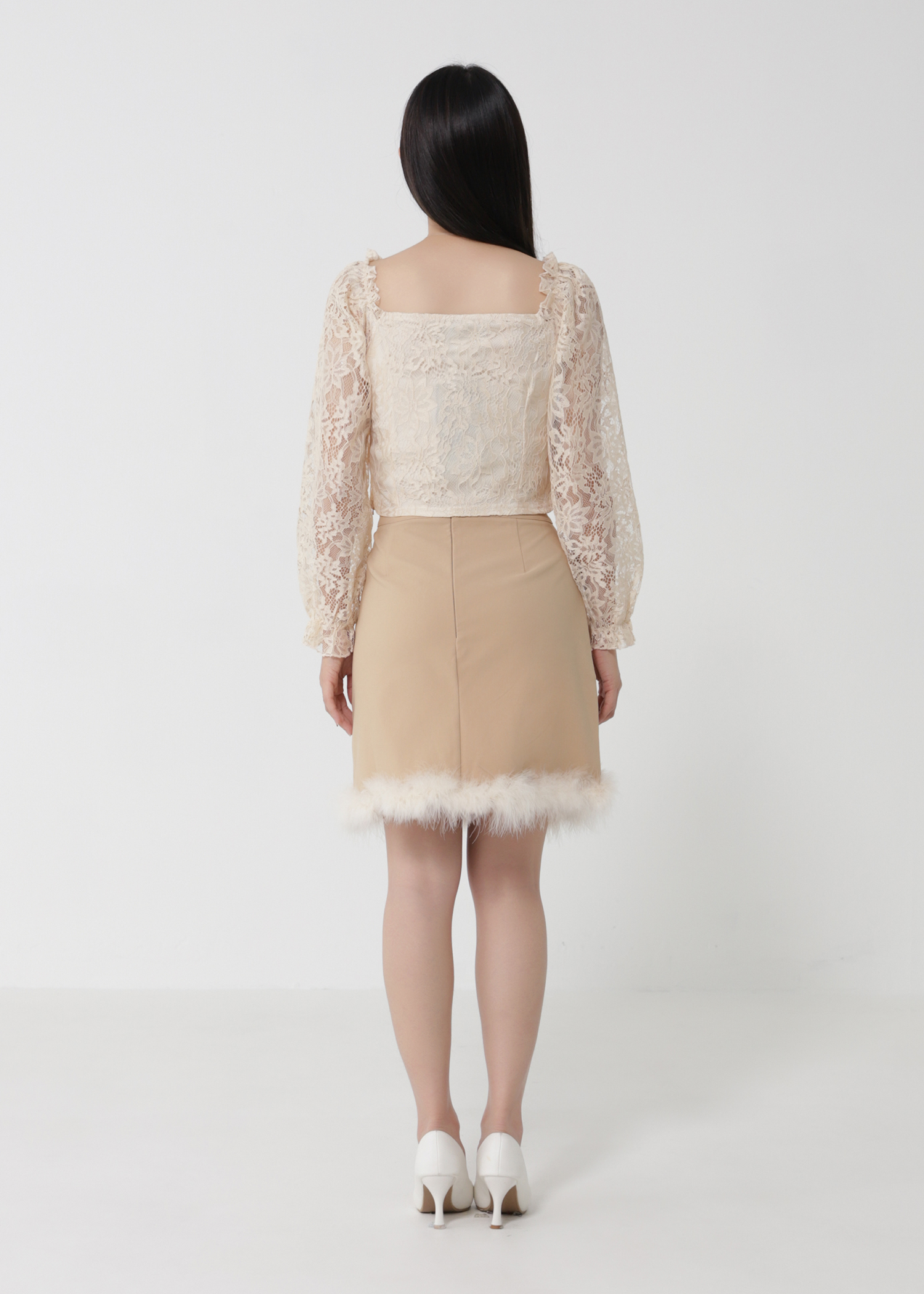 Lace Top With Fur Skirt Set 30252
