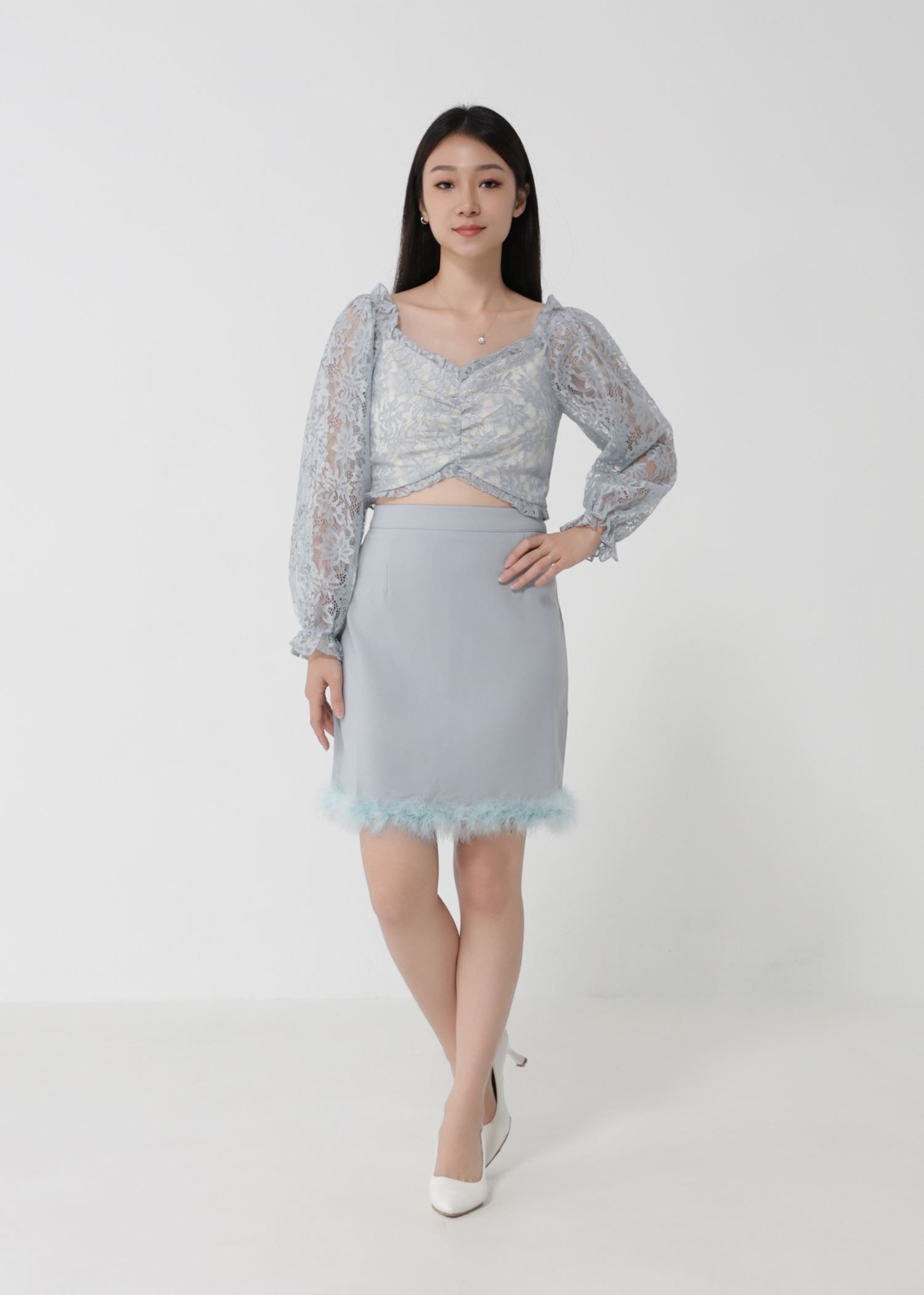 Lace Top With Fur Skirt Set 30252