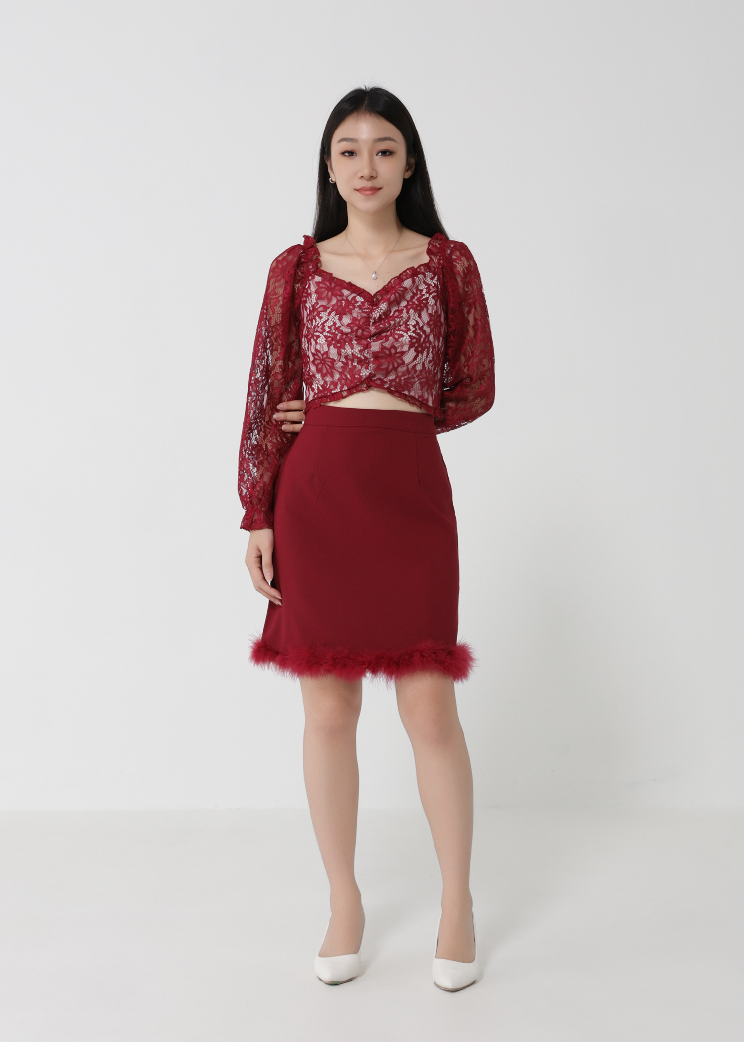 Lace Top With Fur Skirt Set 30252